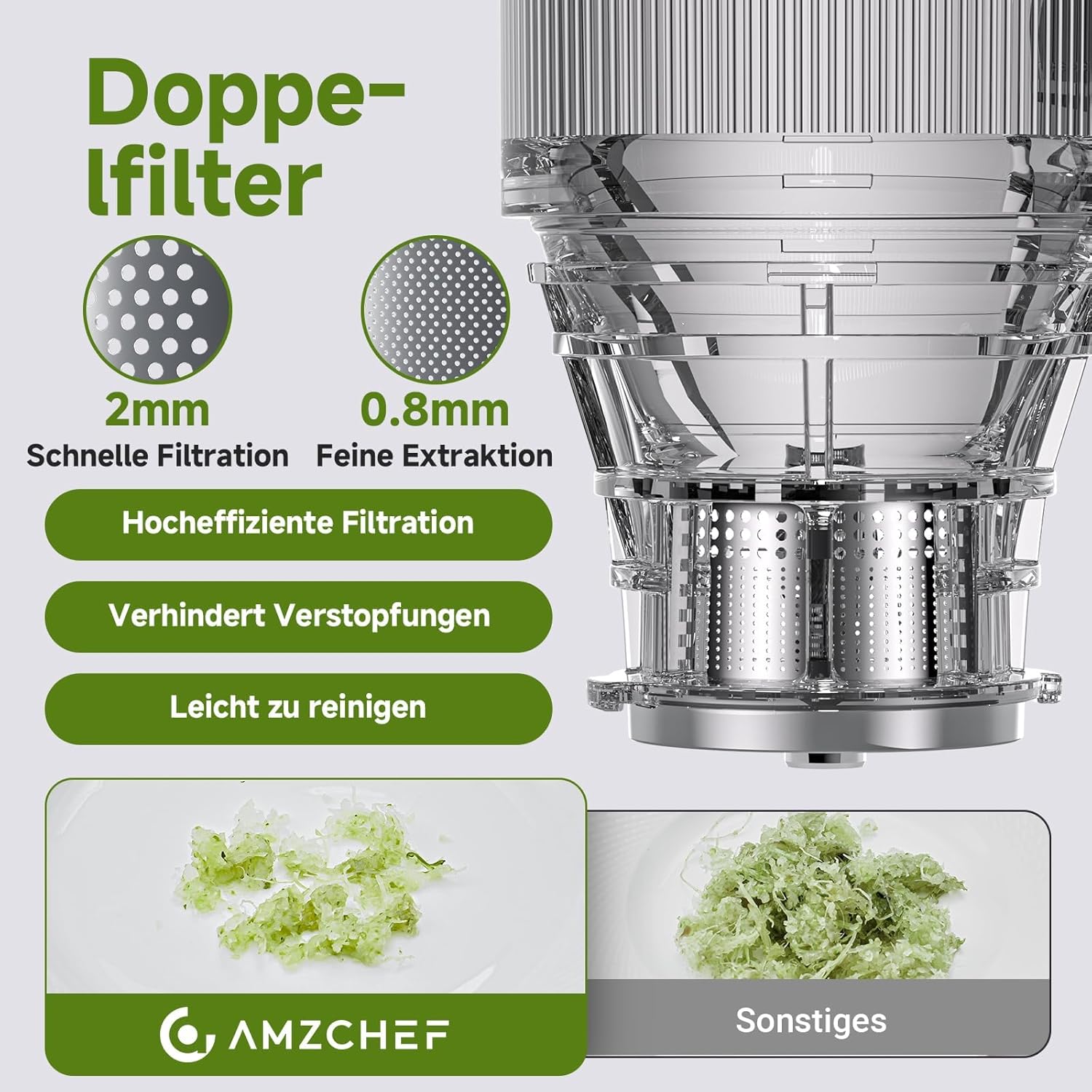 AMZCHEF Slow Juicer Entsafter mit 118 mm großer Einfüllöffnung für ganze Früchte und Gemüse, 180 W Kaltentsafter, leicht zu reinigen, Silber – Bild 5