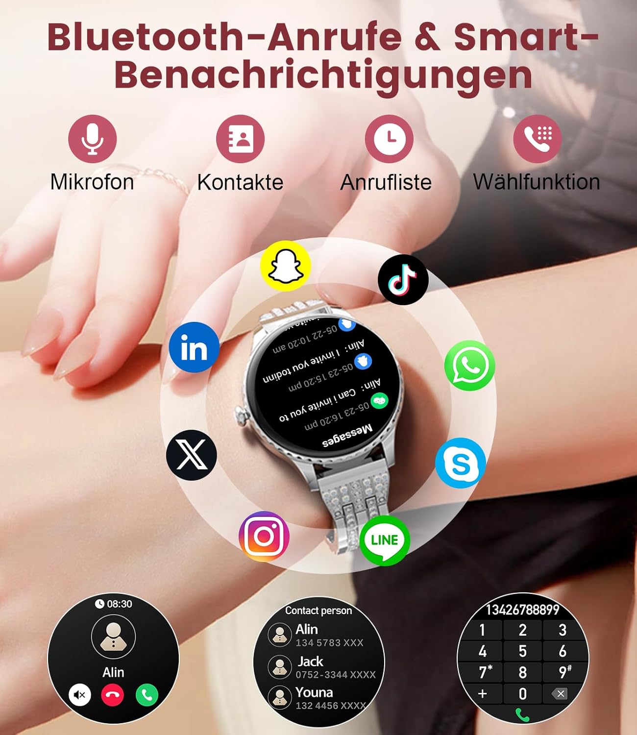 Damen-Smartwatch – luxuriöses Metallarmband mit Strasssteinen/1,32 Zoll HD AMOLED-Display/270+ Zifferblätter, Fitnessuhr mit über 110 Sportmodi, Schlaf-Tracking, Telefonfunktion, Uhr für iOS Android – Bild 4