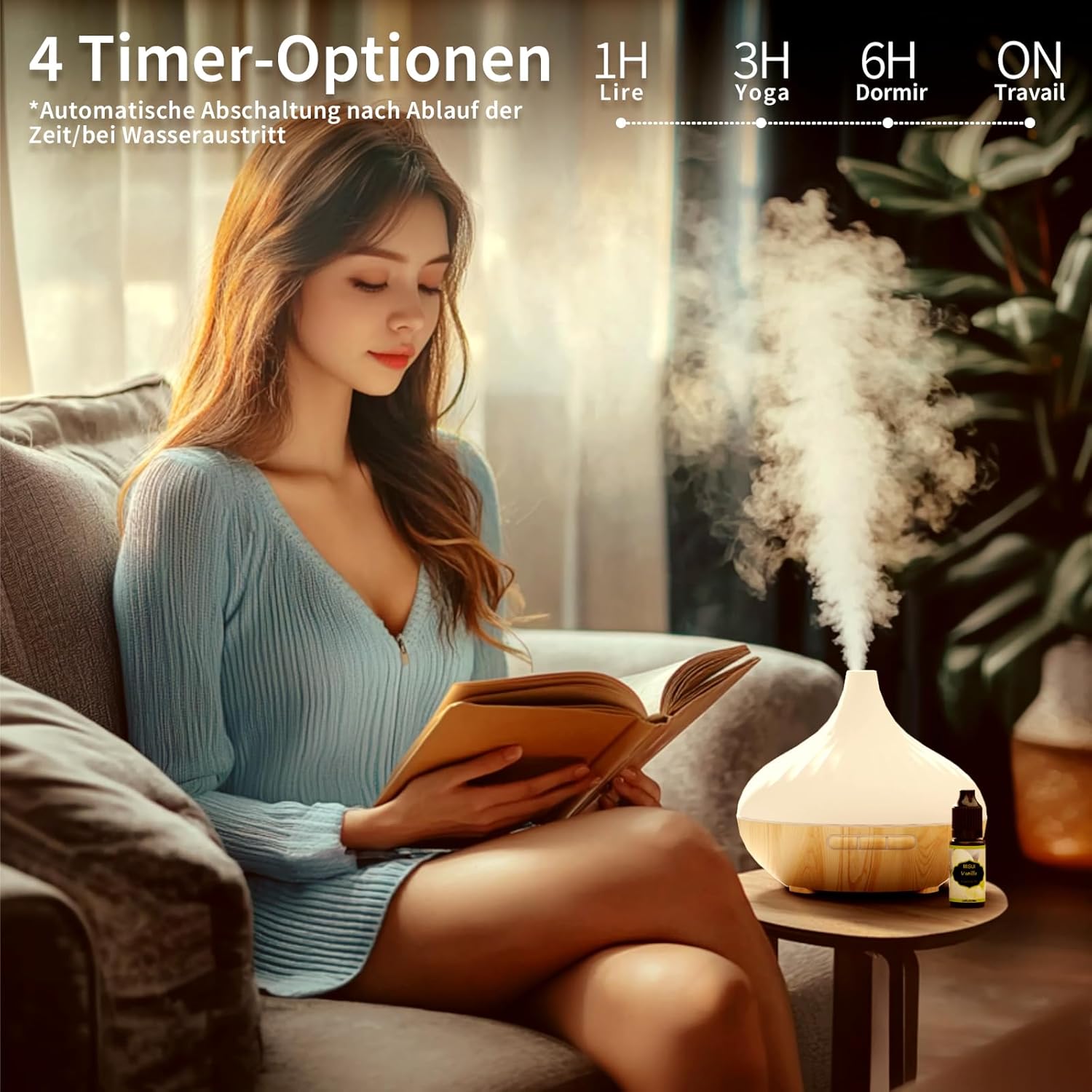 Aromadiffusor für Duftöle 500 ml, mit Fernbedienung und Set aus ätherischen Blumenölen 6 x 10 ml, 4 Timer-Einstellungen, 7 Arten von LED-Lichtfarben – Bild 2
