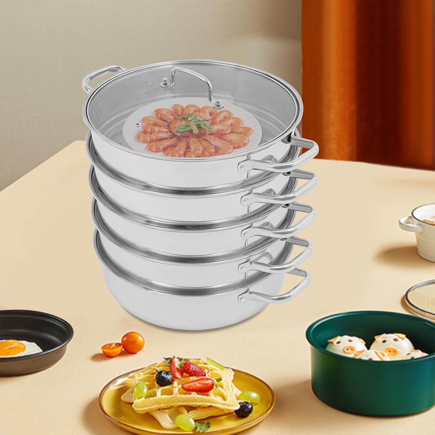 5-lagiger Dampfgarer aus Edelstahl mit Glasabdeckung, 32 cm Dampfgarer, Dampfgarer, Schongarer, Induktionskochtopf zum gleichzeitigen Dämpfen von Suppe, Nudeln, Fisch, geeignet für die Küche aller Herdarten – Bild 9