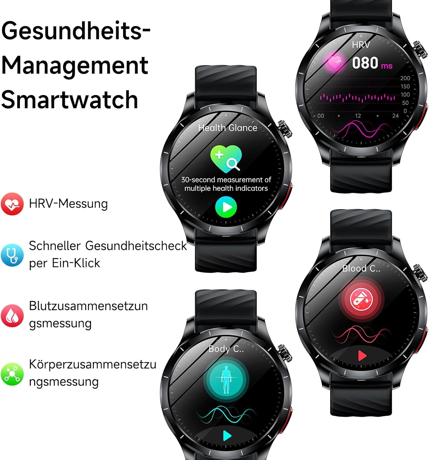 2026 Herren Smartwatch mit EKG/HRV/BMI/Harnsäure, 1,43 Zoll AMOLED Gesundheitsuhr mit 24H SpO2 Apnoe Schlafmonitor SOS Notruf Fitnessuhr für Android/iOS – Bild 3