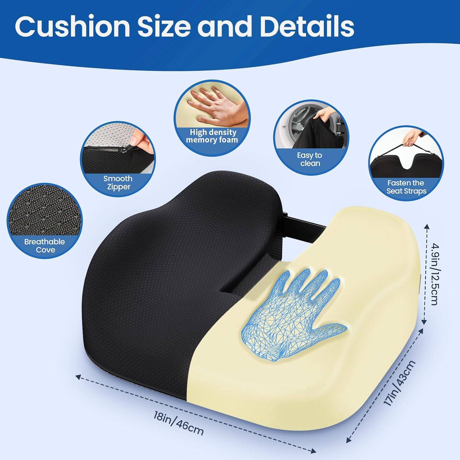 Orthopädisches Memory-Schaum-Sitzkissen von Benazcap – ergonomisches Kissen zur Druckentlastung bei langem Sitzen, ideal für Auto-, Büro-, Gaming- und Wohnzimmerstühle mit waschbarem Bezug – Bild 2