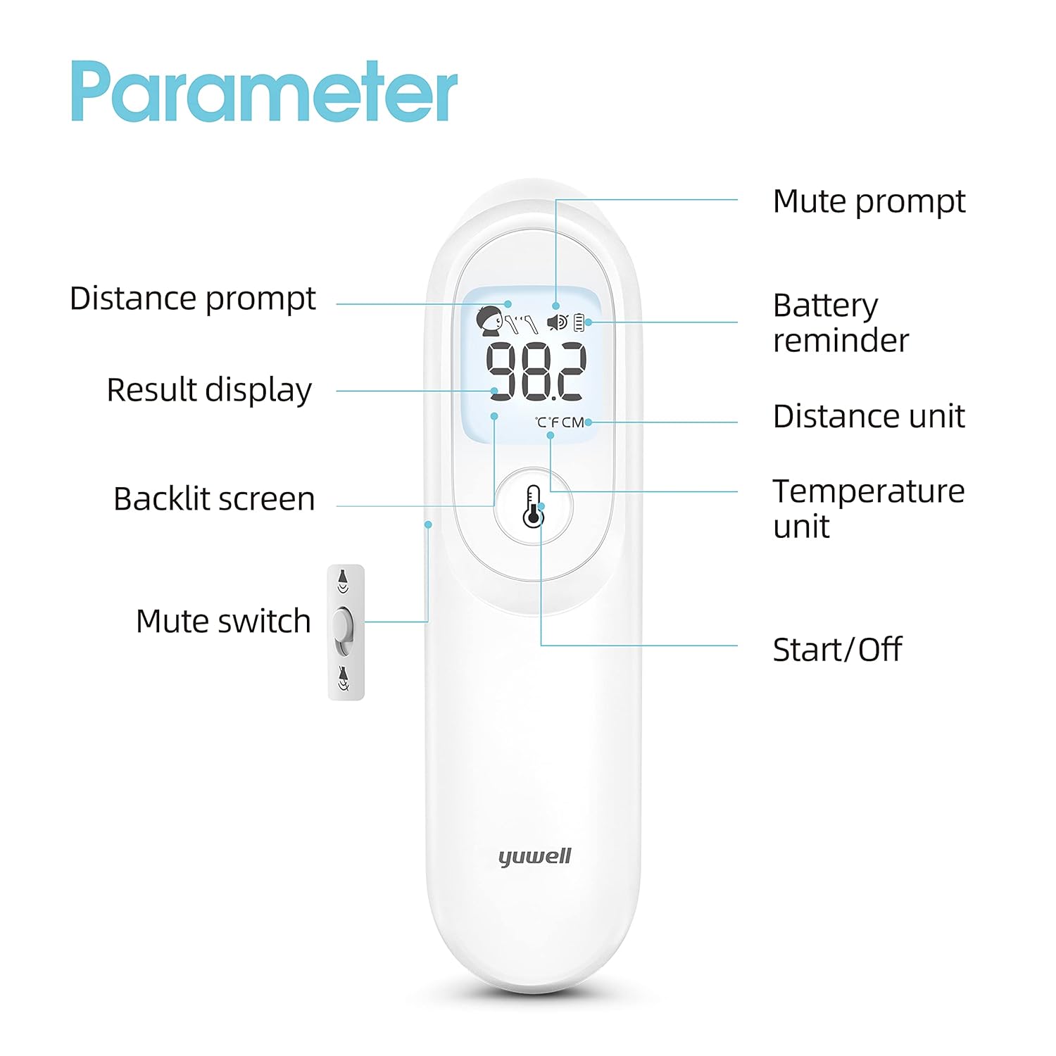 yuwell Kontaktloses Fieberthermometer für Erwachsene und Kinder, medizinische Qualität, berührungsloses digitales Thermometer, babyfreundlich, 1-Sekunden-Messung, Hochtemperaturalarm, lautloser Modus – Bild 5