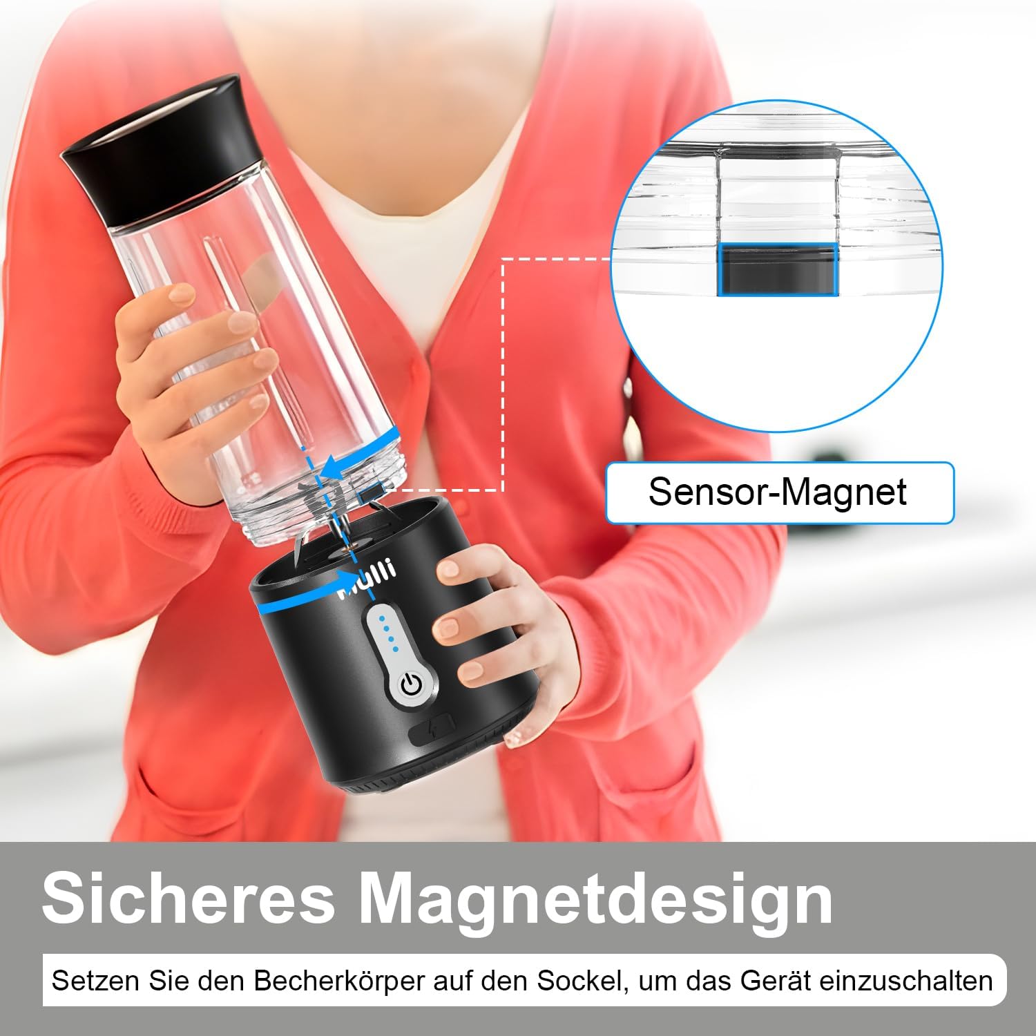 Tragbarer Mulli-Mixer mit Reisedeckel – 500 ml, per USB wiederaufladbar, persönlicher Smoothie- und Protein-Shake-Maker, 6 Klingen für Sport, Reisen, Fitnessstudio und Zuhause – Bild 3