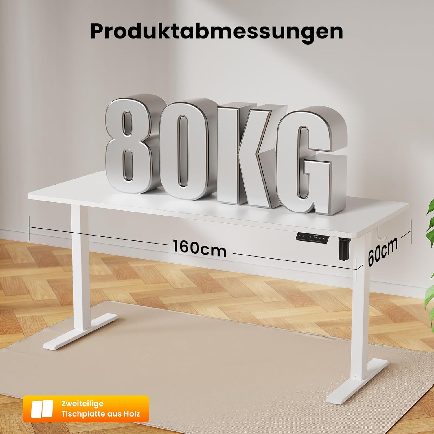 WALKINGDESK Höhenverstellbarer Schreibtisch, elektrisch 160 x 60 cm, Computertisch, Stehsitztisch, höhenverstellbar mit 4 Memory-Funktionen, Stehpult mit 2 Haken für Büro, Verbindungsplatte, weiß – Bild 3