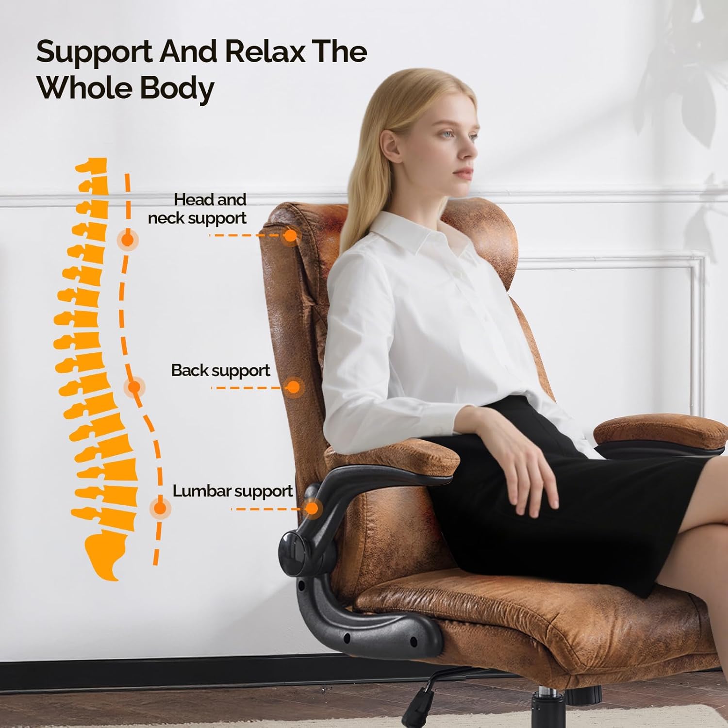 Bonnlo Ergonomischer Bürostuhl, Schreibtischstuhl mit hochklappbarer Armlehne, Computerstuhl, Drehstuhl, Wippfunktion 105°-120°, höhenverstellbar, drehbar, 150 kg belastbar (Mikrofaser, Braun) – Bild 7