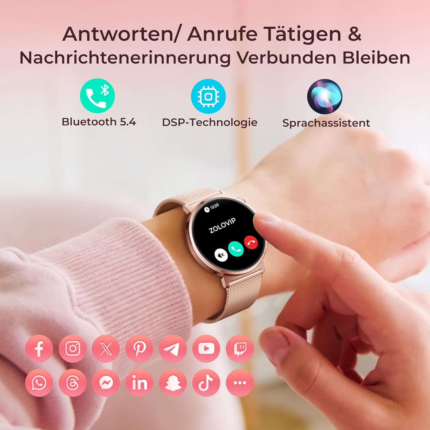 Damen-Smartwatch mit Telefonfunktion, 7,9 mm ultradünn, 1,32 Zoll AMOLED (1000 Nits/466 x 466), Fitnessuhr mit 2 Armbändern, 100+ Sportmodi, SpO2/Puls/Schlafmonitor, IP68 wasserdicht, iOS Android, Roségold – Bild 3