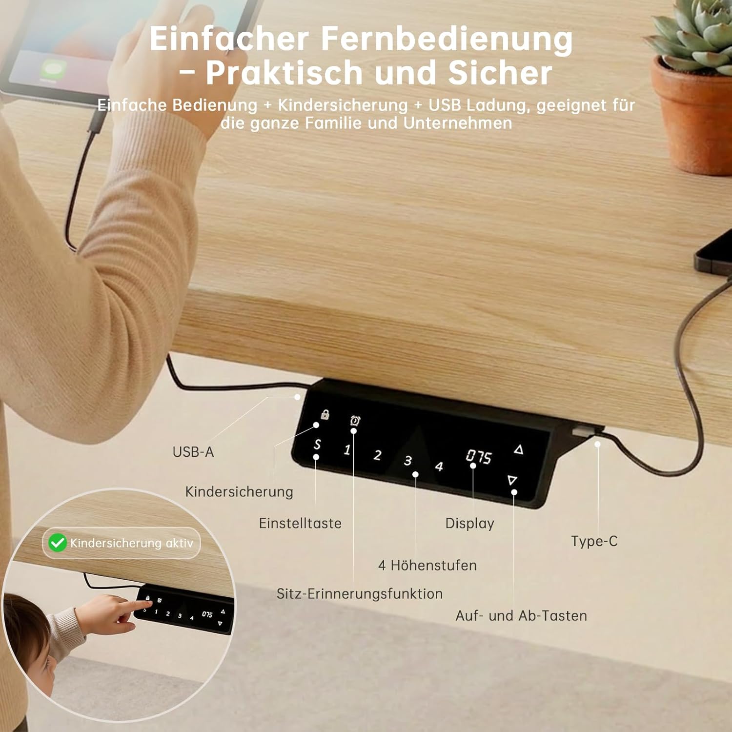 Devoko Höhenverstellbarer Schreibtisch mit 2 Motoren, 25 mm einteilige Tischplatte, 140 x 70 cm, mobiler elektrischer Computertisch mit Kabelmanagement, Eiche, perfekte Ergonomie für Ihr Büro – Bild 5