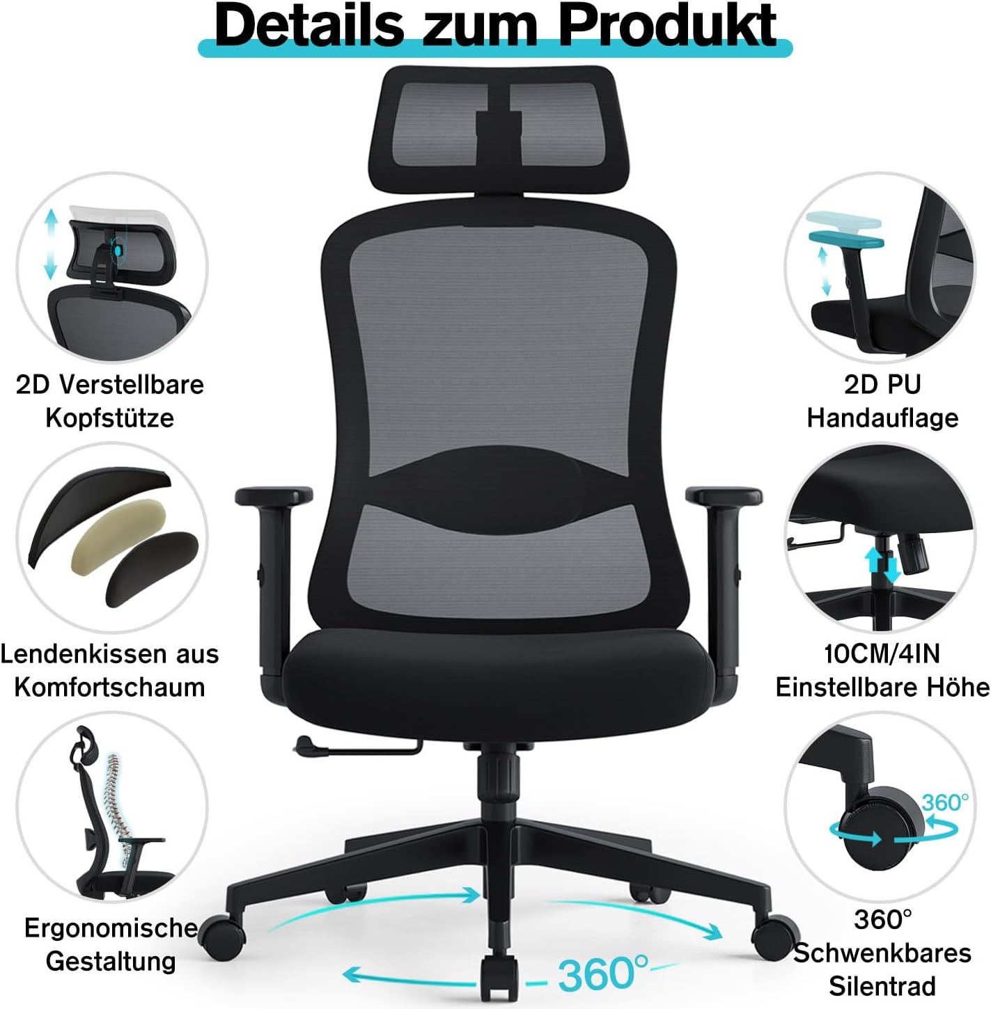 Ergonomischer Bürostuhl, Schreibtischstuhl mit verstellbaren Kopfstützen und Armlehnen, Drehstuhl mit 4 cm Schaumstoff-Lendenkissen, Bürostühle mit Netzbezug, für Home Office (schwarz) – Bild 5