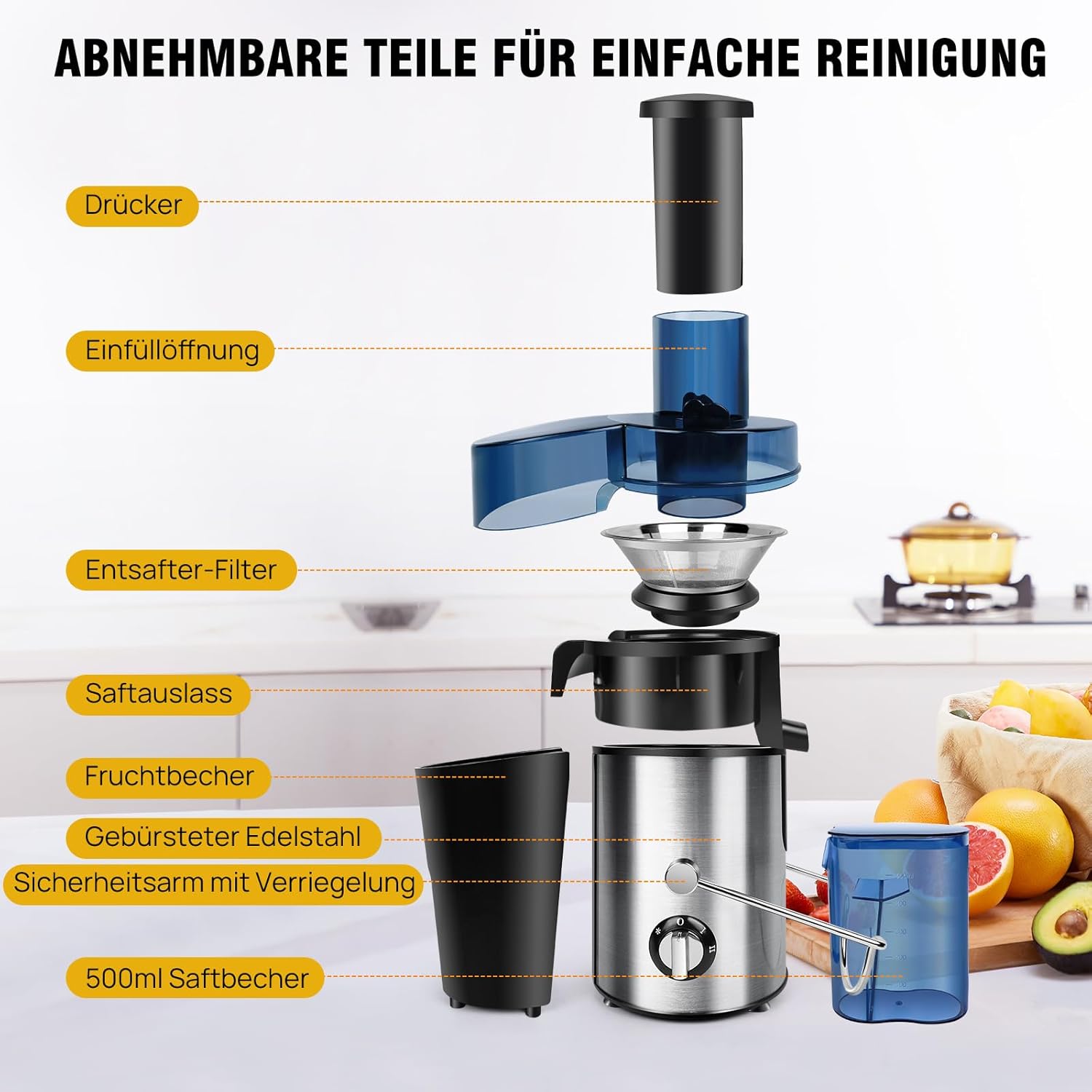 Entsafter für Obst und Gemüse aus Edelstahl, elektrischer Entsafter, Extraktor, maximale Leistung 1000 W, Zentrifuge, 65 mm Einfüllöffnung und 2 Geschwindigkeiten, Anti-Tropf-Funktion und Überhitzungsschutz – Bild 2