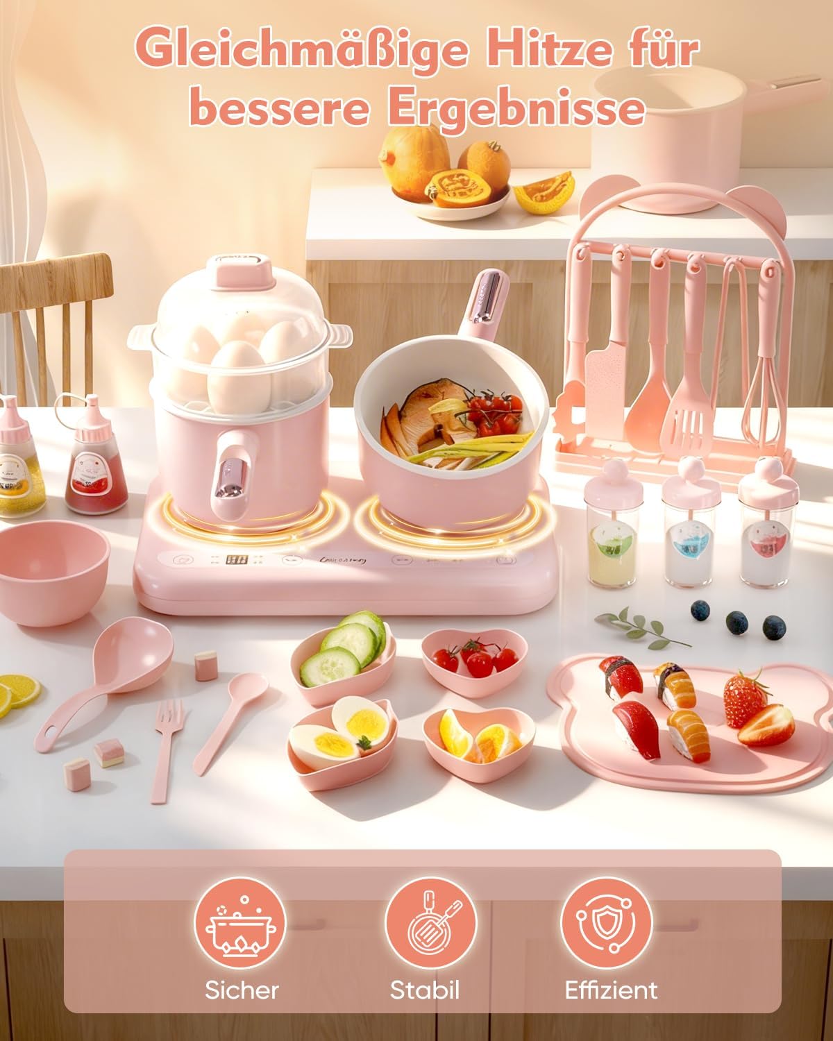 Elektrischer Hot Pot Mini-Multikocher mit Doppelkochfeld – elektrischer Kochtopf mit Dampfgarer und Suppentopf, für Eintopf und Suppen, kompakt, leicht zu reinigen (Rosa) – Bild 5