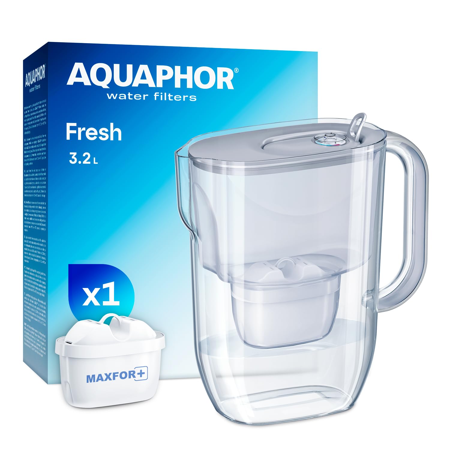 AQUAPHOR Frischwasserfilterkanne 3,2 L – Filterkanne mit 1 Maxfor+ Kartusche – Trinkwasserfilter reduziert Kalk und Chlor – für Kaffee, Tee & Trinkwasser – Grau