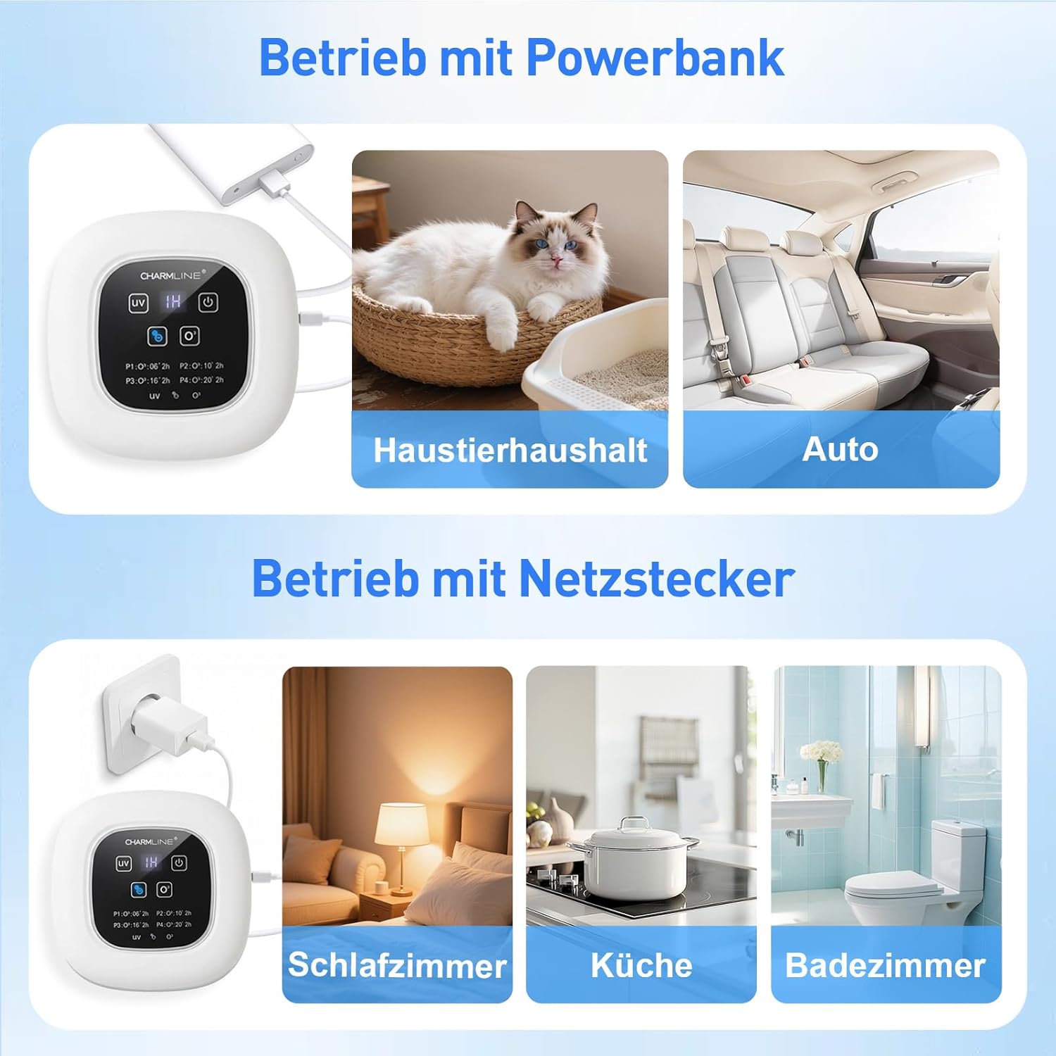 Charmline 3-in-1 tragbarer Luftreiniger mit Duftfunktion – entfernt schnell Tier- und Rauchgerüche, bringt frische Luft zurück in kleine Räume und kann über Steckdose oder Powerbank betrieben werden – Bild 4