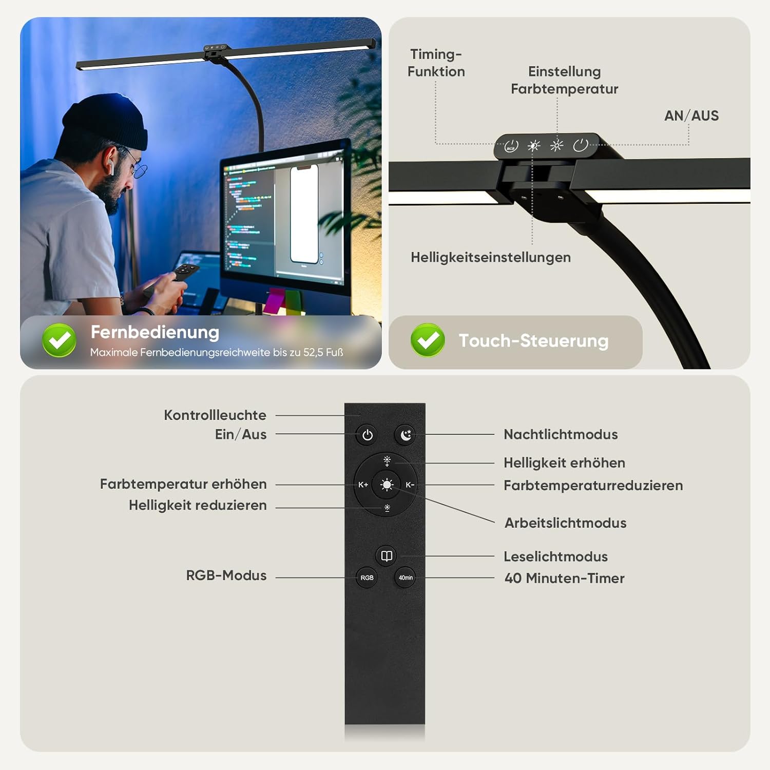 vatato Doppelkopf-LED-Schreibtischlampe mit RGB, 24 W dimmbare Schreibtischlampe mit Fernbedienungen, klemmbare Tageslichtlampe mit stufenloser Dimmung und Farbe, Büro-Tischlampe für Zuhause und Büro (schwarz) – Bild 3