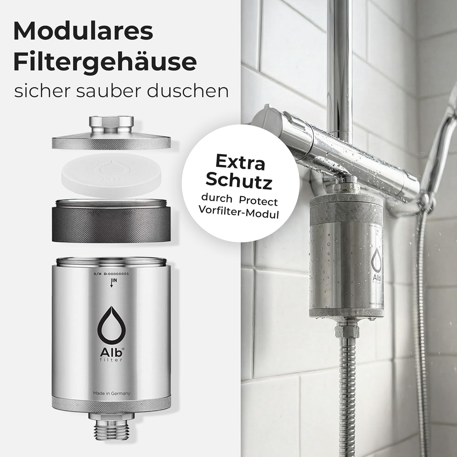 Alb Filter Duschfilter Nano Edelstahl Natur mit Vorfilter – Wasserfilter für Dusche & Bad – Schutz vor Keim- und Bakterienbelastung im Wasser – Hergestellt in Deutschland – Bild 4