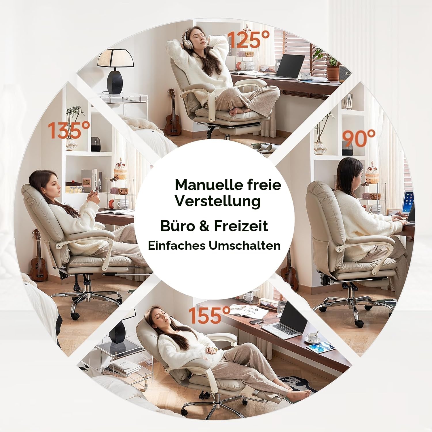 EMIAH Ergonomischer Bürostuhl mit Fußstütze, verstellbarer Schreibtischstuhl, PU-Leder, bequeme moderne Kosmetikstühle mit Rollen, niedlicher Computerstuhl mit mittlerer Rückenlehne für Zuhause, maximale Belastung 150 kg, Beige – Bild 8