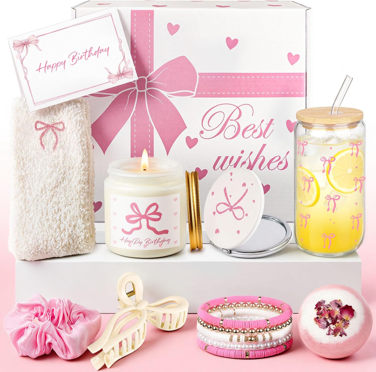Luxuriöses Geburtstagsgeschenk für Frauen – Geschenkbox mit rosa Schleifen als elegantes Wellness-Geschenkset mit Duftkerze, Badebombe, Glasbecher und ausgewählten Beauty-Accessoires