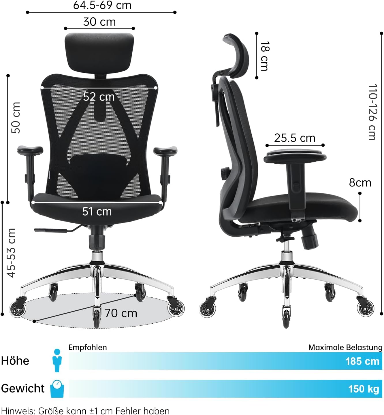 SIHOO Ergonomischer Schreibtischstuhl, Drehstuhl mit verstellbarer Lordosenstütze, Kopfstütze und Armlehne, Höhenverstellung und Wippfunktion, rückenschonender Bürostuhl, Belastbarkeit: bis 150 kg – Bild 3