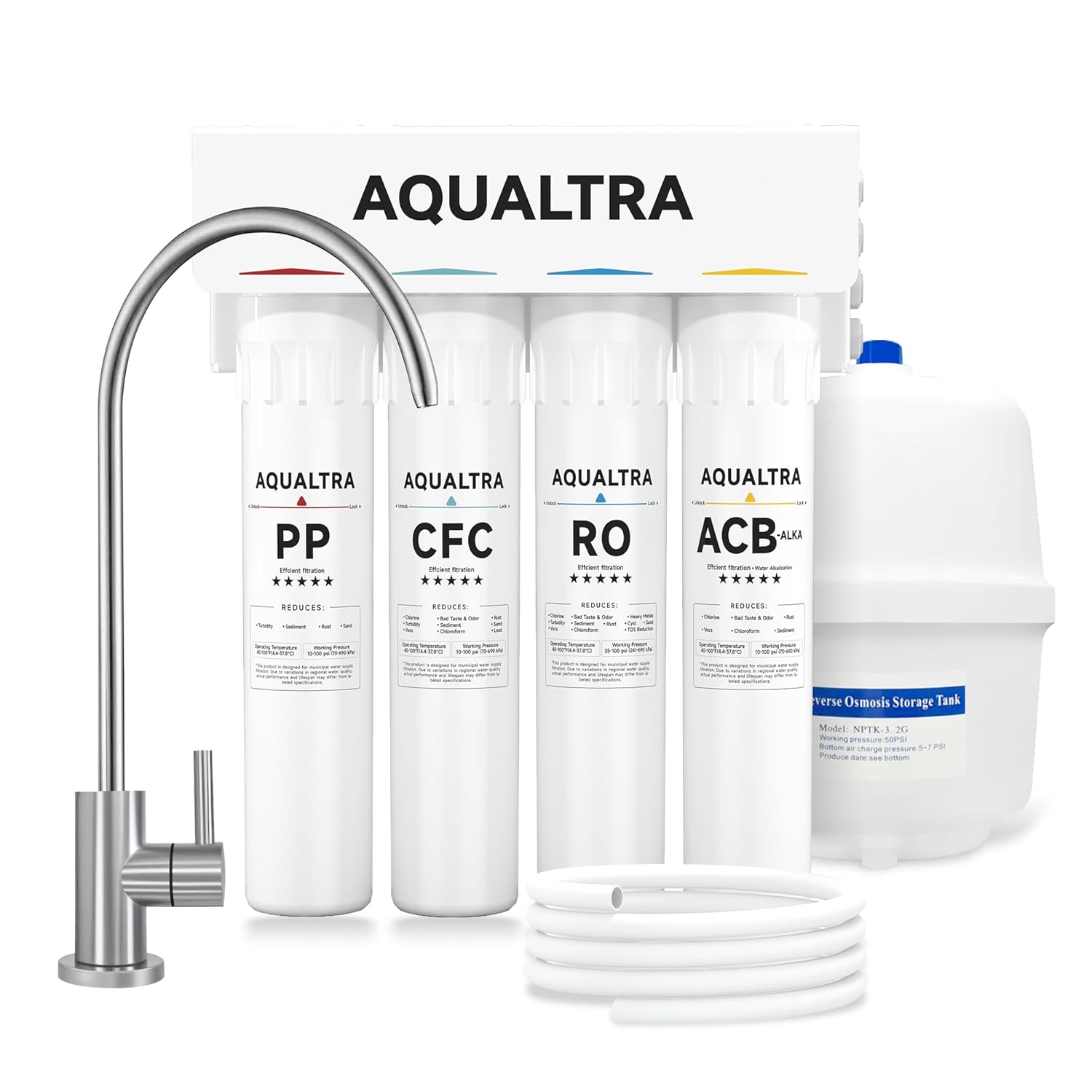 AQUALTRA USF-4RF-100 Untertisch Osmoseanlage Umkehrosmoseanlage Trinkwasser, Mehrstufiges Umkehrosmose Trinkwasser Filtersystem, 100GPD mit Alkalien & Mineralien Filter, 3:1 Abwasser mit Wasserhahn