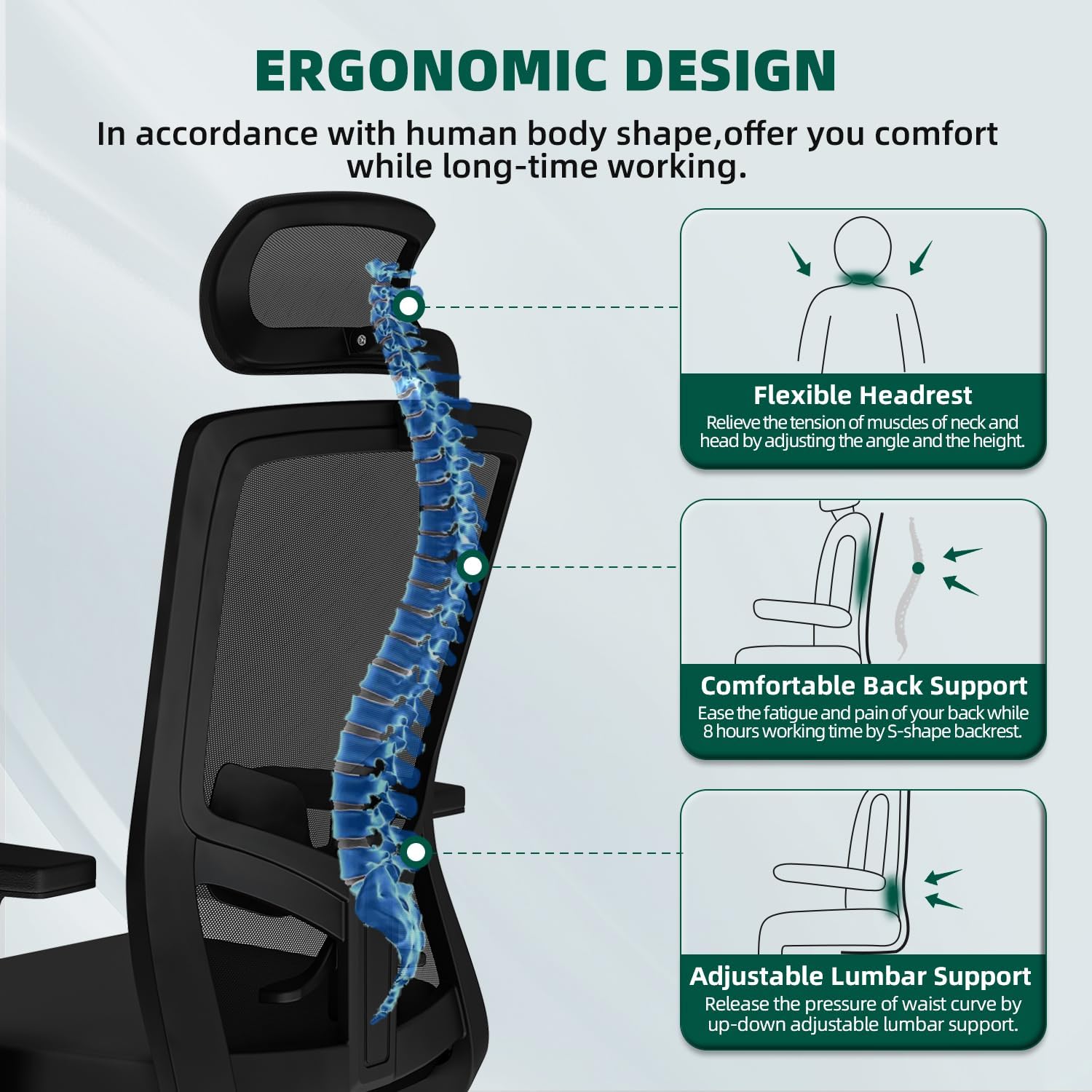 Ergonomischer Bürostuhl mit verstellbarer Lordosenstütze, Armlehnen und Kopfstütze, Drehstuhl, Schreibtischstuhl, Bürostuhl, 150 kg, Chefsessel, Wippfunktion bis 135° – Bild 5