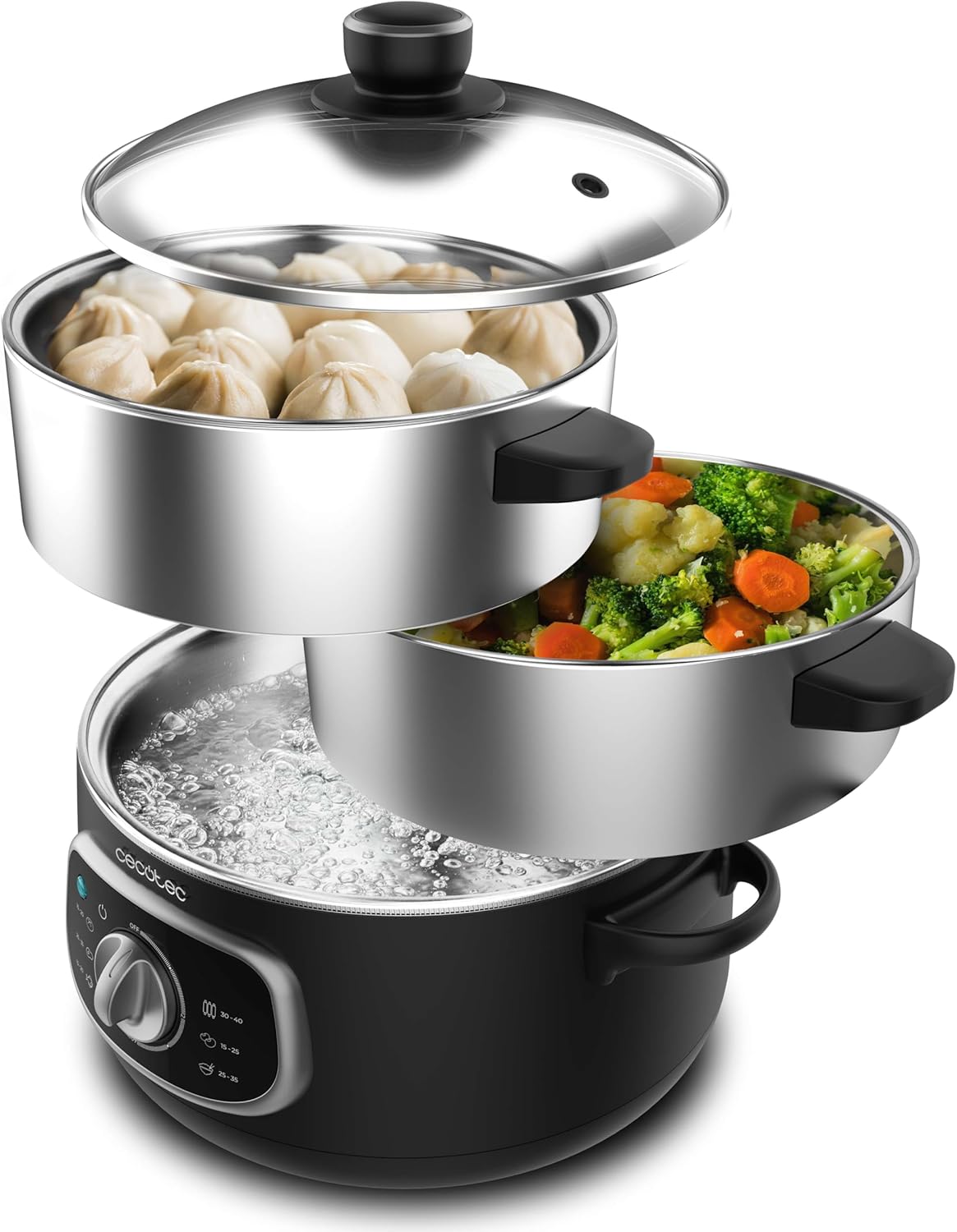 Cecotec Vapovita Steelpot elektrischer Dampfgarer. Leistung 1300 W, Edelstahlbehälter, 10 l, einstellbare Zeit, automatische Abschaltung, einfache Reinigung, spezieller Deckel, gesundes Kochen, Sicherheit