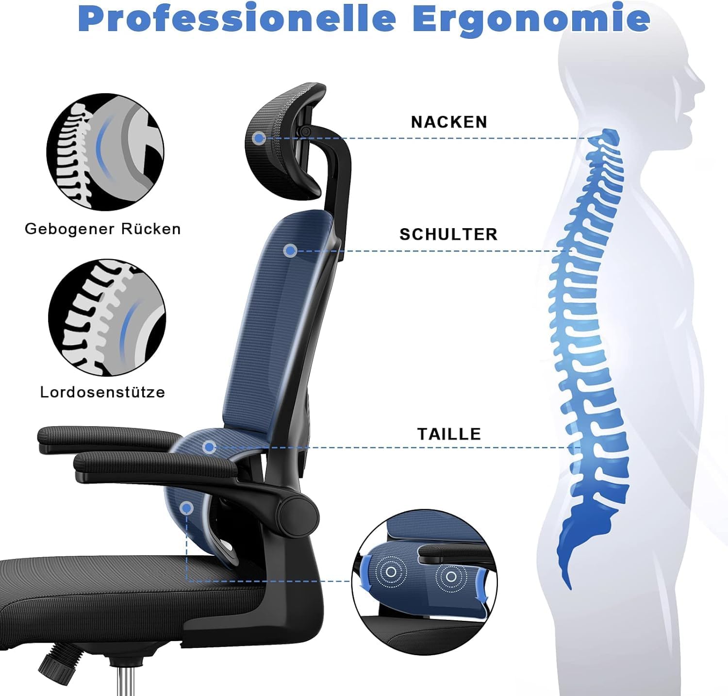 naspaluro Ergonomischer Bürostuhl mit klappbaren Armlehnen, dynamische Lordosenstütze, höhenverstellbarer Bürostuhl mit 120°-Wippfunktion, Upgrade Schwarz – Bild 4