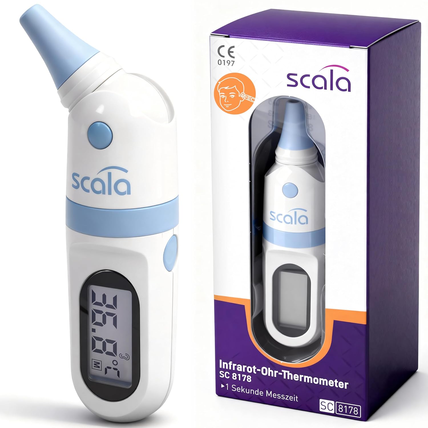 scala SC 8178 Infrarot-Ohrthermometer – Digitales Fieberthermometer für Kinder & Erwachsene – 1 Sekunde Messzeit, akustischer Fieberalarm & Speicher für 9 Messwerte