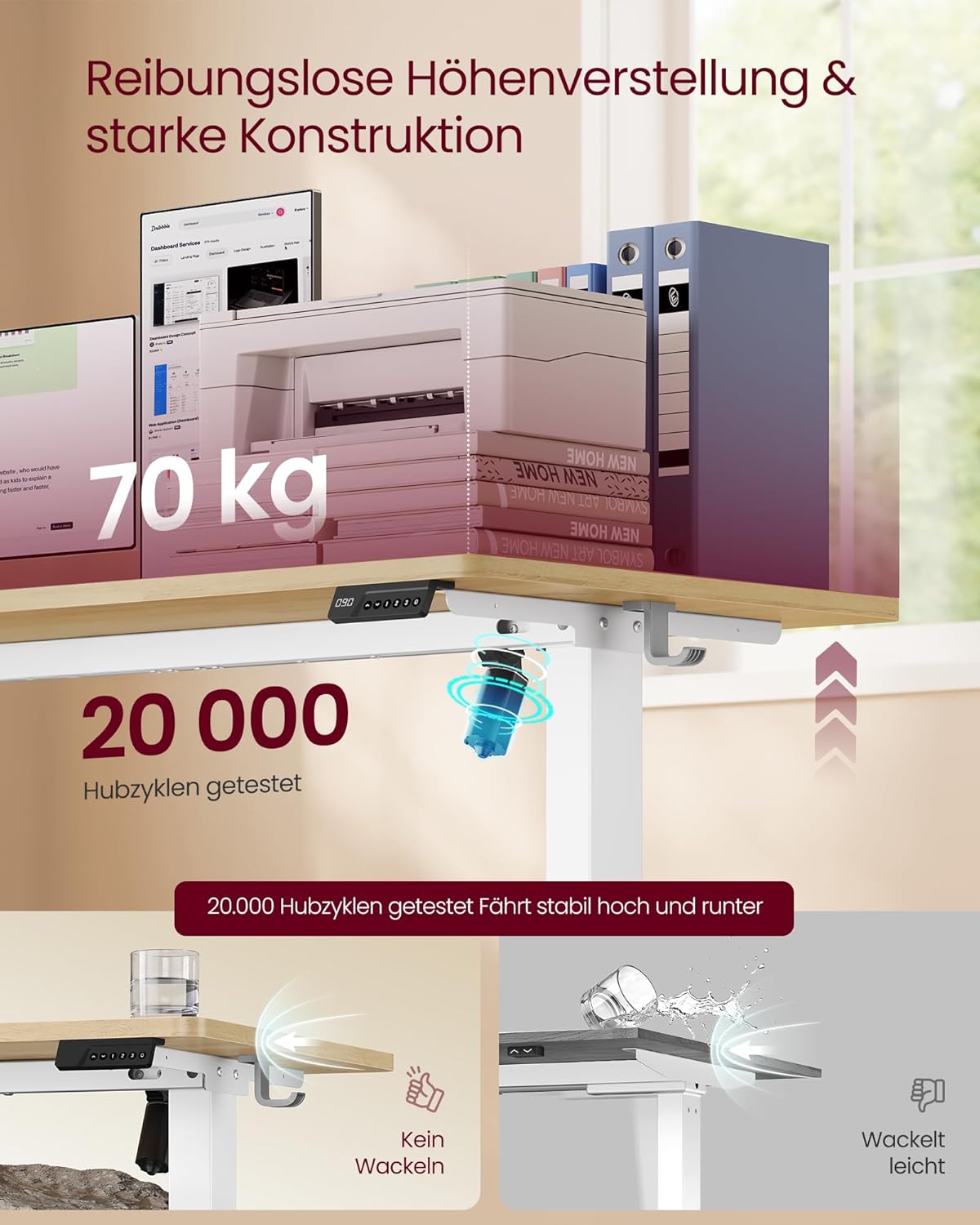 VASAGLE LSD310YA03 Höhenverstellbarer Schreibtisch, Stehpult, Computertisch, 4 Höhen, Memory-Funktion, Büroschreibtisch, 100 x 60 cm, Goldeiche – Bild 5