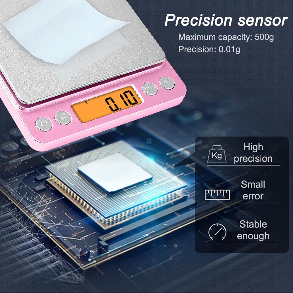 Diyife 500 g / 0,01 g Feinwaage, hochpräzise Buchstabenwaage, Taschenwaage, Gewürzwaage, LCD-Display mit Hintergrundbeleuchtung, mit Ablage, Küchenwaage mit Tara-Funktion & Stücken, Rosa – Bild 2