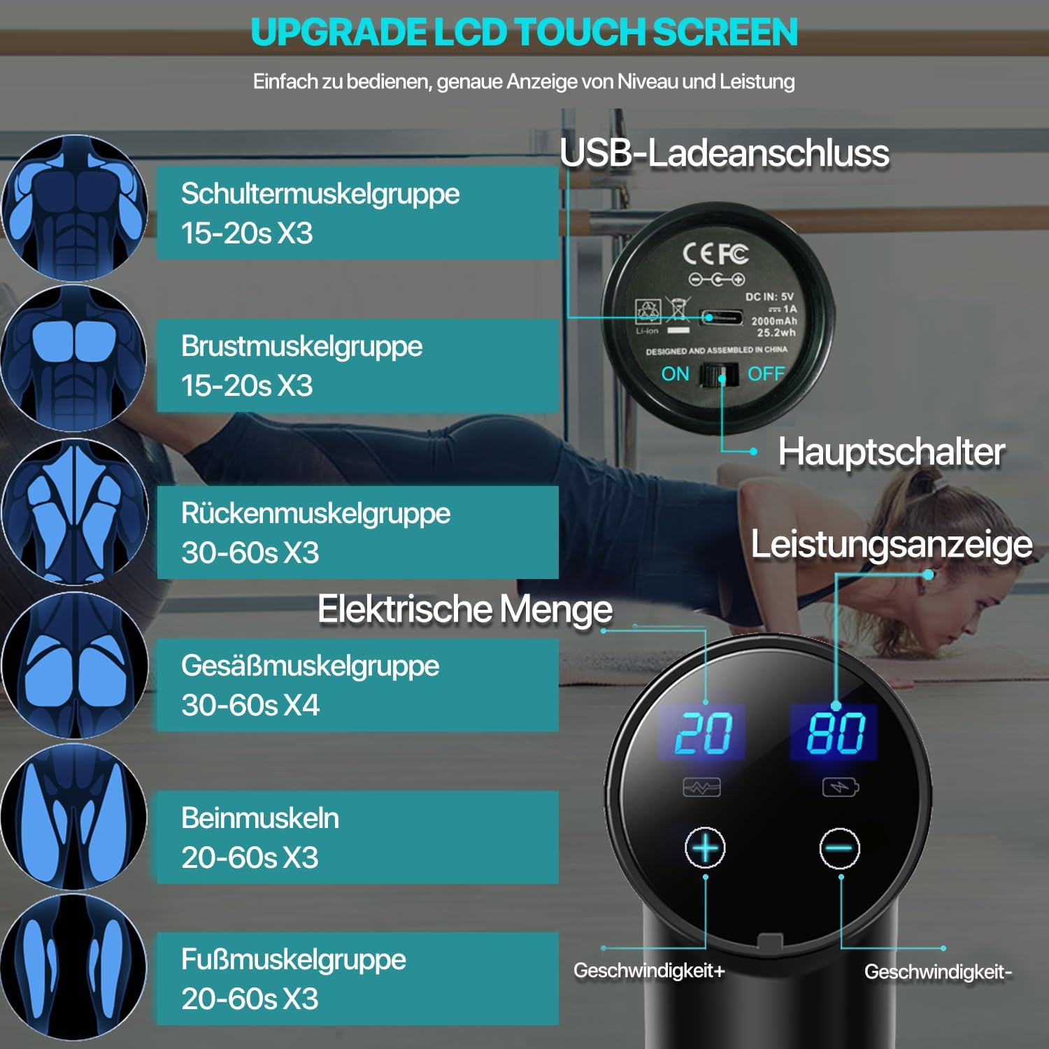 Massagepistole, Deep Tissue Percussion Rückenmassagegerät für Sportler, Muskelmassagepistole zur Schmerzlinderung, mit 8 Massageköpfen und 20 Geschwindigkeiten (Mattschwarz) – Bild 2