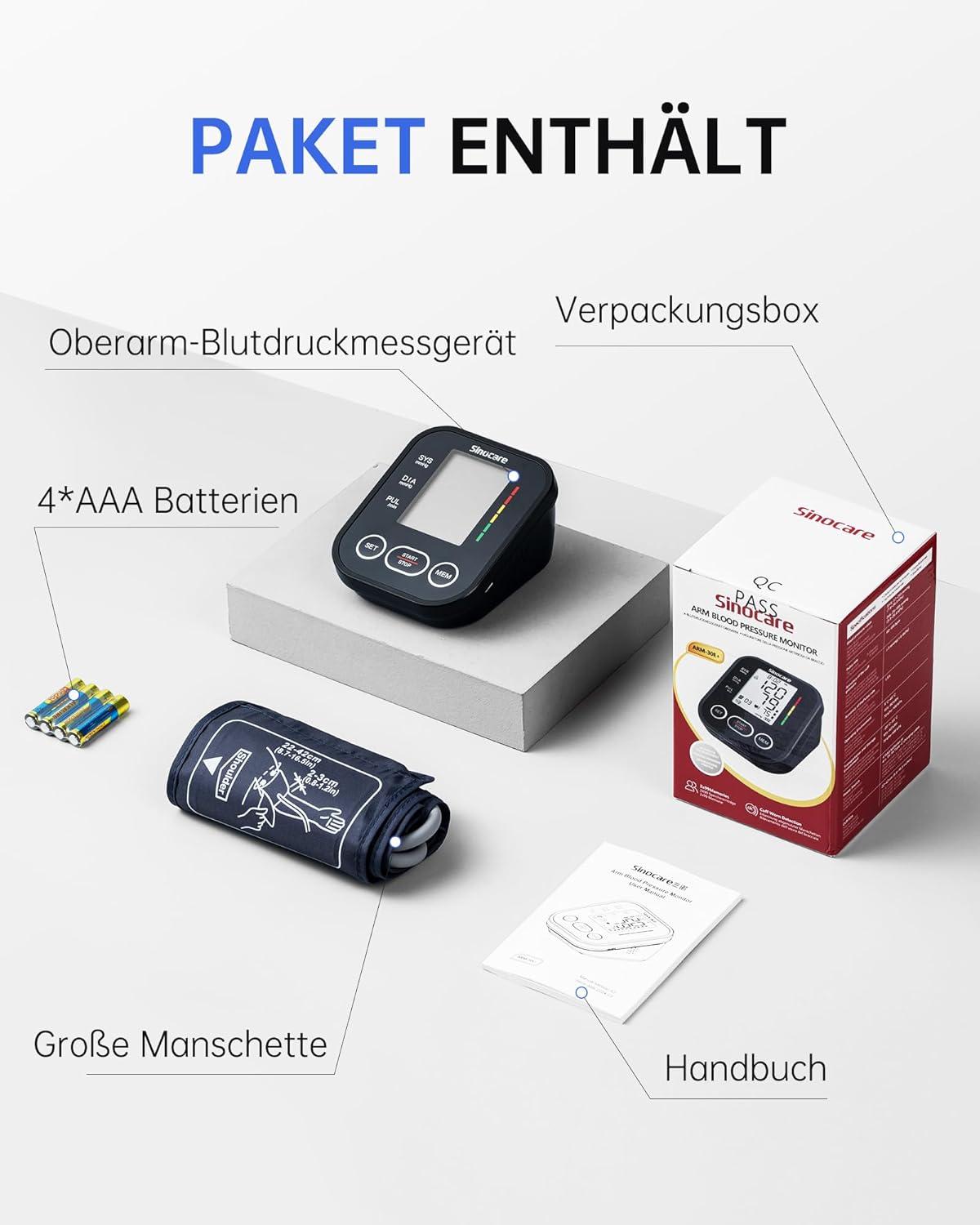 Sinocare Oberarm-Blutdruckmessgerät – klinisch validiert, 2 x 99 Speicher für 2 Benutzer, Ein-Knopf-Bedienung, XL-Manschette (22–42 cm), Arrhythmie-Erkennung – Bild 8