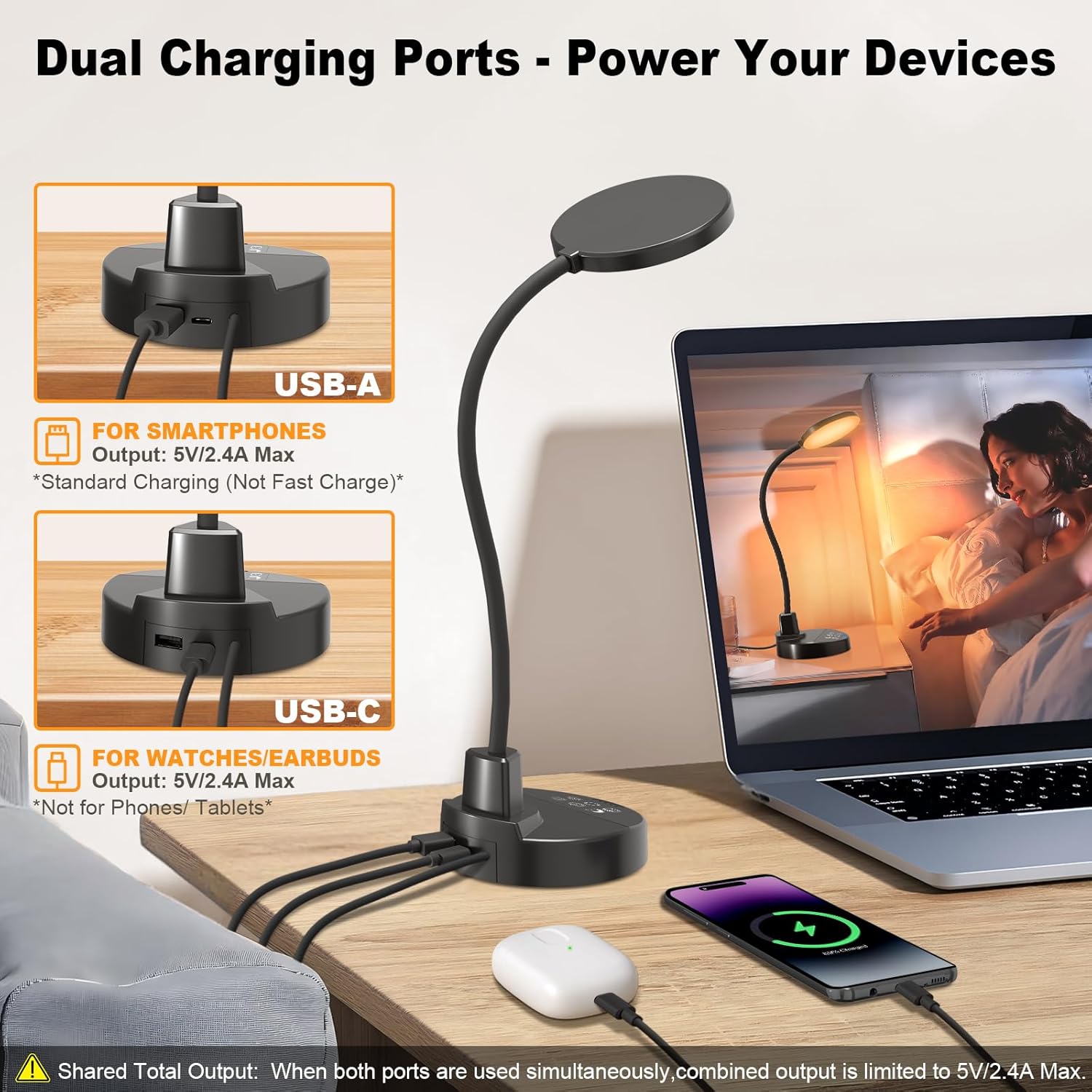 15 W LED-Schreibtischlampe mit USB-A & USB-C – Dimmbar, 3 Farbtemperaturen, 5 Helligkeitsstufen, 4 Timer, flexibler 360°-Schwanenhals, augenfreundlich, Tischlampe für Büro & Schlafzimmer – Schwarz – Bild 4