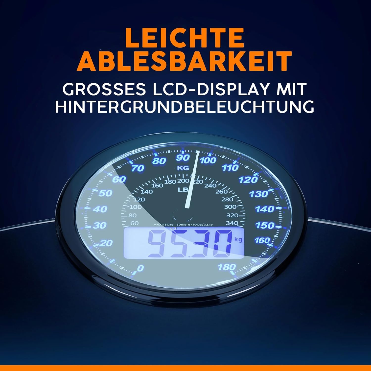 ZENO Hybrid 2-in-1 digitale und analoge Körperwaage bis 180 kg, dickes gehärtetes Glas, extra großes Display, gut ablesbare digitale Personenwaage, Dunkelblau – Bild 4