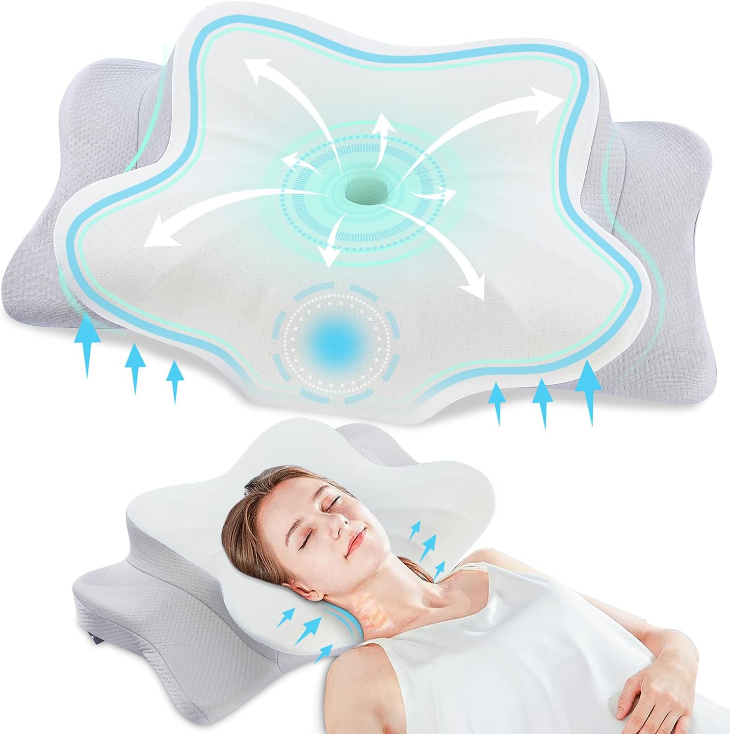 DONAMA Memory Foam Nackenkissen Ergonomisch, Kopfkissen mit Armauflage & Zwei Höhen, Kühlend & Atmungsaktiv, 6-Zonen-Kontur, Nackenstützung für alle Schlafpositionen