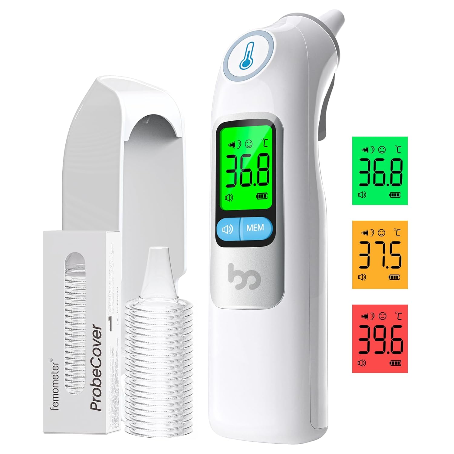 Fieberthermometer Ohr für Erwachsene und Kinder, hochpräzises 1-Sek.-Ohrthermometer, 30 Speicherabrufe, 3-Farben-Fieberalarm, mit 21 Einweg-Sondenhüllen und Aufbewahrungsbox (LCD weiß)