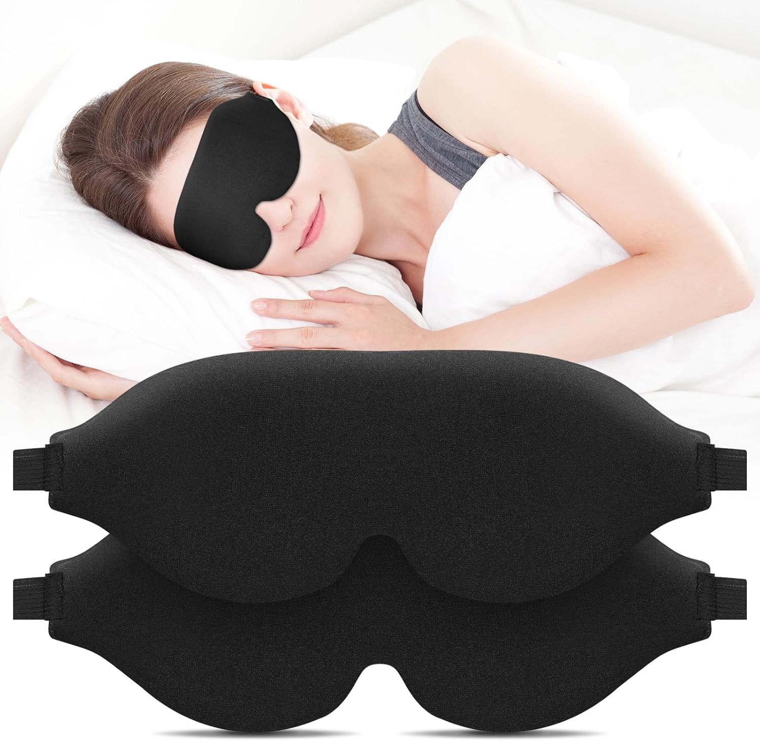 Schlafmaske für Seitenschläfer, 2er-Set, 3D-Lichtblockierung, atmungsaktive und bequeme Augenmaske mit verstellbarem Gummiband für Damen und Herren, Reise-Ohrstöpsel, Schwarz – Bild 8