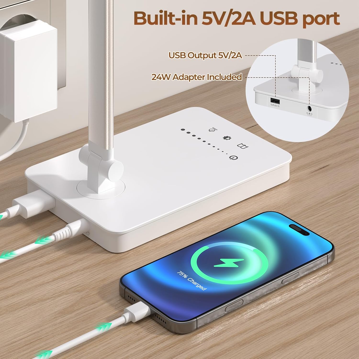 Schreibtischlampe LED 15W Dimmbar mit Augenschutz, 5 Farben und 10 Helligkeitsstufen, mit Adapter-Ladefunktion, Timer-Funktion, Memory-Lesemodus, Tischlampe für Kinderzimmer, Büro (Weiß) – Bild 4