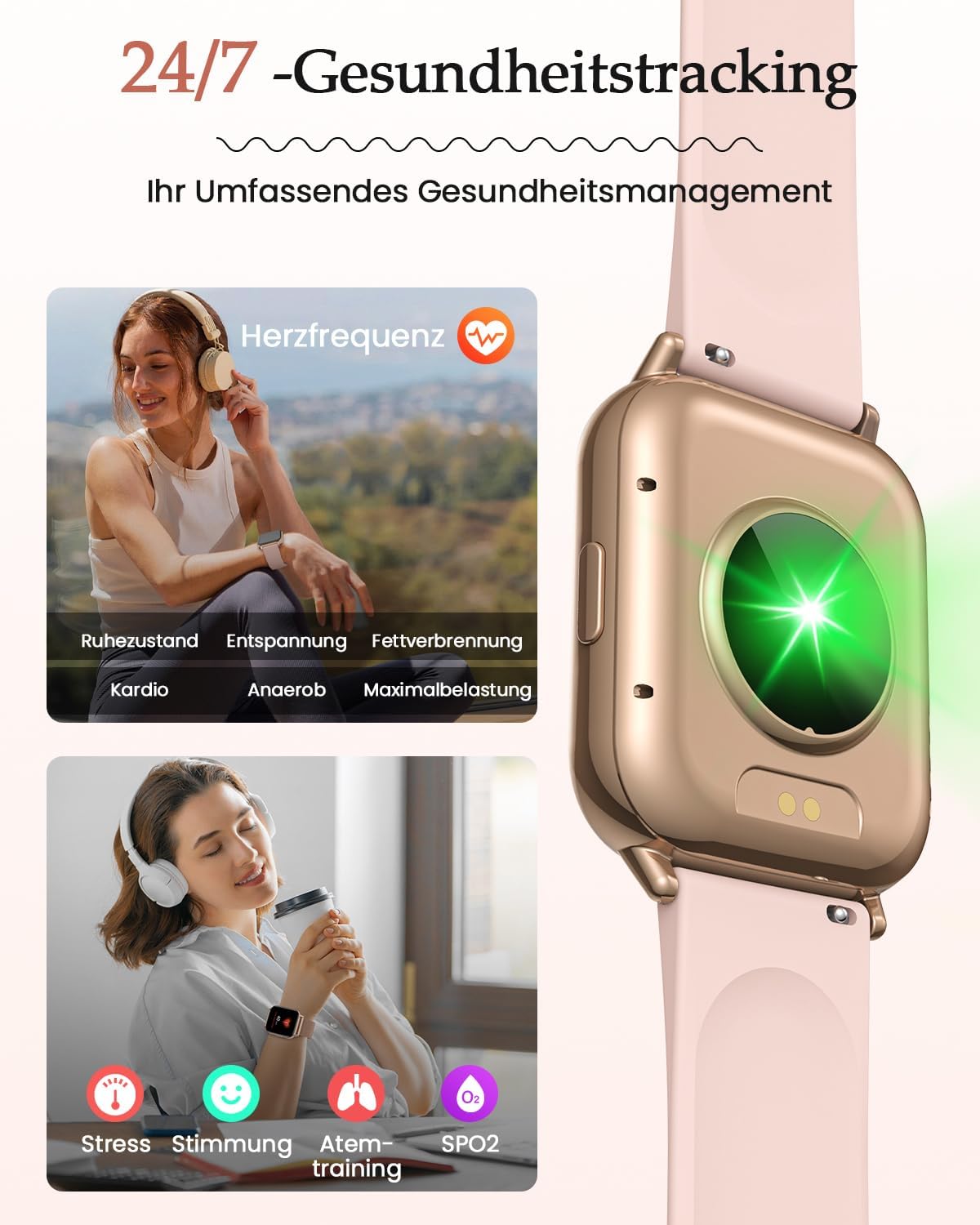 2026 Damen Smartwatch 1,85 Zoll AMOLED Fitness Tracker mit Telefonfunktion Menstruationszyklus Herzfrequenz Schlafmonitor SpO2 113+ Sportmodi Sportuhr 5ATM Schrittzähler Kalorien iOS Android Roségold – Bild 6