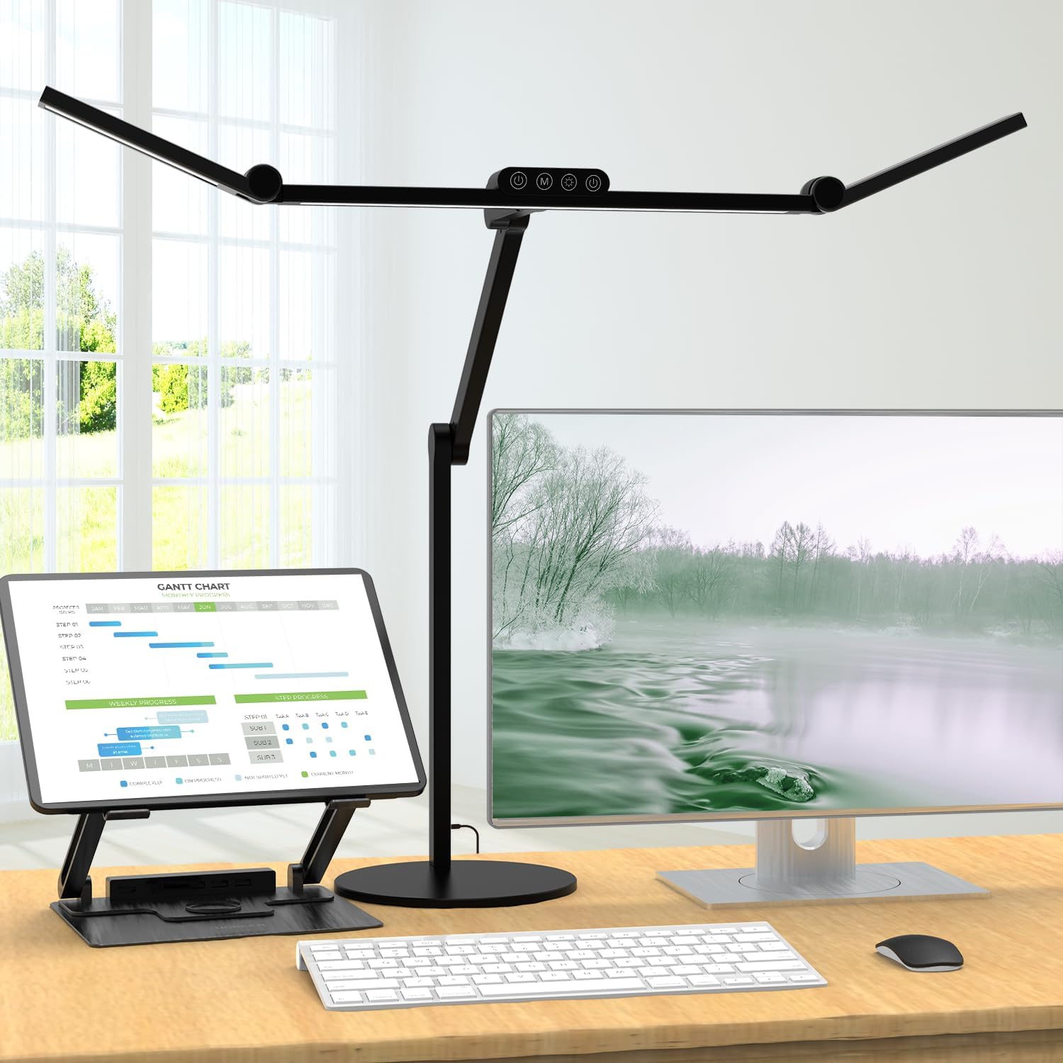 1500 Lumen Schreibtischlampe LED dimmbar – 24 W Tageslichtlampe mit Sockel und Umgebungslicht, drehbare Tischlampe für Heimbüro und Büro, automatische Schreibtisch-Monitorlampe zum Zeichnen und Arbeiten