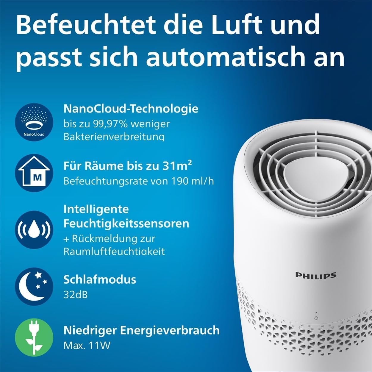 Philips Luftbefeuchtung 2000-Serie – NanoCloud-Technologie, befeuchtet Räume bis zu 31 m², 2 l Wassertank, 99 % weniger Bakterien, Weiß (HU2510/10) – Bild 6