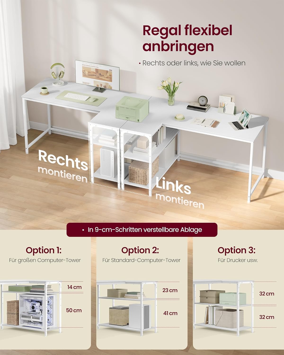 VASAGLE LWD136WF01 Eckschreibtisch, L-förmiger Computertisch mit Stauraum, Büroschreibtisch, höhenverstellbare Ablage für Heimbüro, 120 x 80 cm, Ahornweiß – Bild 5