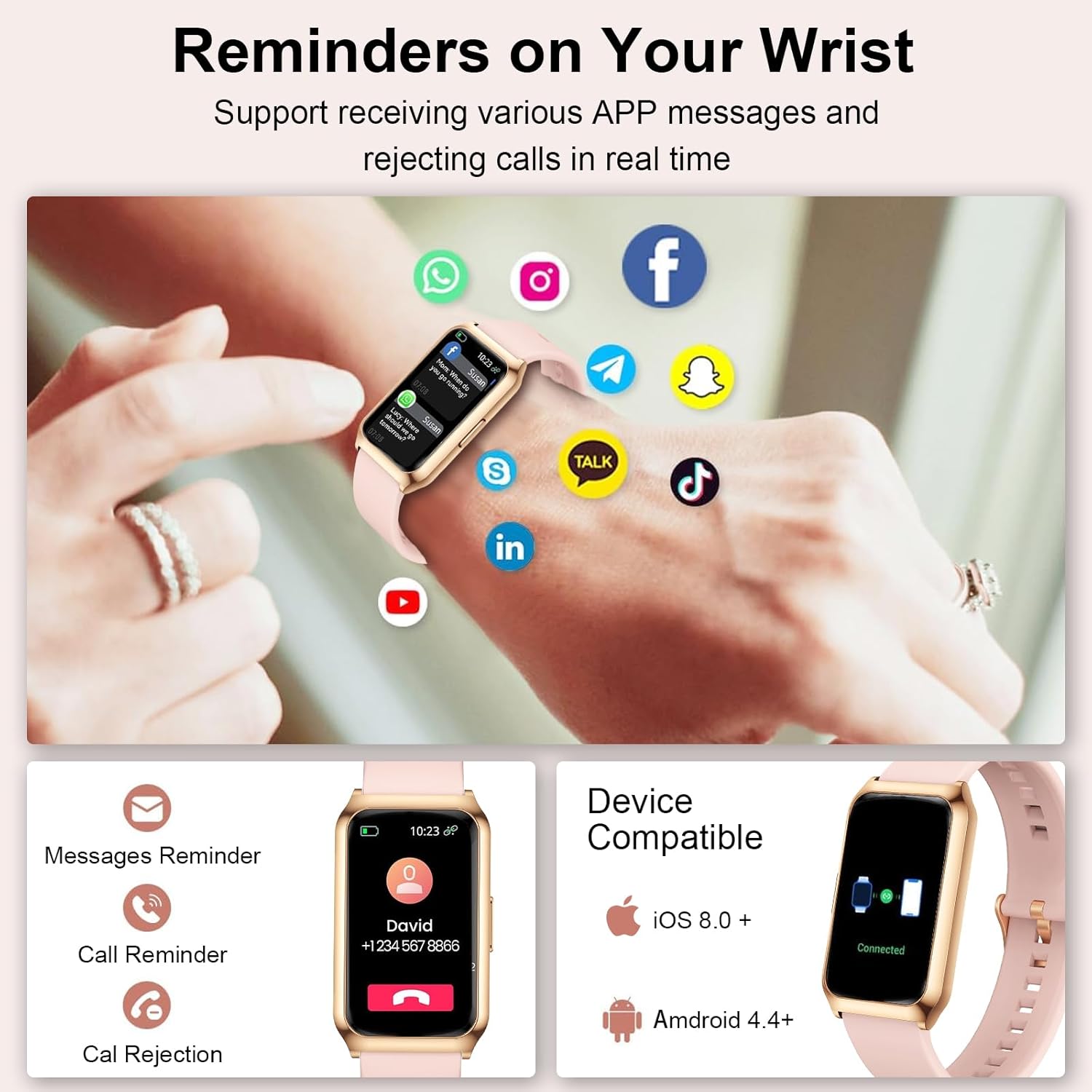 Damen-Smartwatch, 1,47-Zoll-Fitness-Tracker mit 25 Sportmodi, SpO2, Herzfrequenz-Schlafmonitor, Aluminiumgehäuse in Gold, Ultra-Akkulaufzeit, wasserdichte IP68-Fitnessuhr für iOS Android – Bild 6