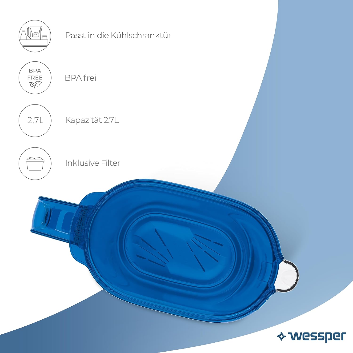 Wessper Wasserfilterkrug 2,7 l für Kühlschranktür, Wasserkaraffe mit Aktivkohlefilter, Wasserkrug kompatibel mit Brita Maxtra Filterkartusche – Blau – Bild 2