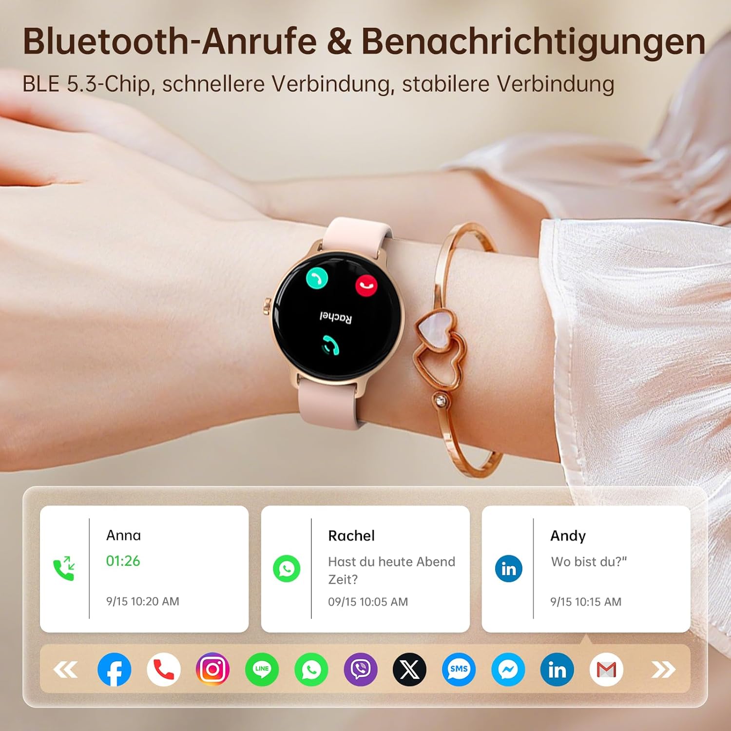 Damen Runde Smartwatch, 1,27 Zoll AMOLED Smartwatch mit Telefonfunktion, Fitnessuhr mit Herzfrequenzmesser, SpO2-Schlafmonitor, Schrittzähler, 120+ Sportmodi, Sportuhr, IP68 wasserdicht, Damenuhren für iOS Android – Bild 2