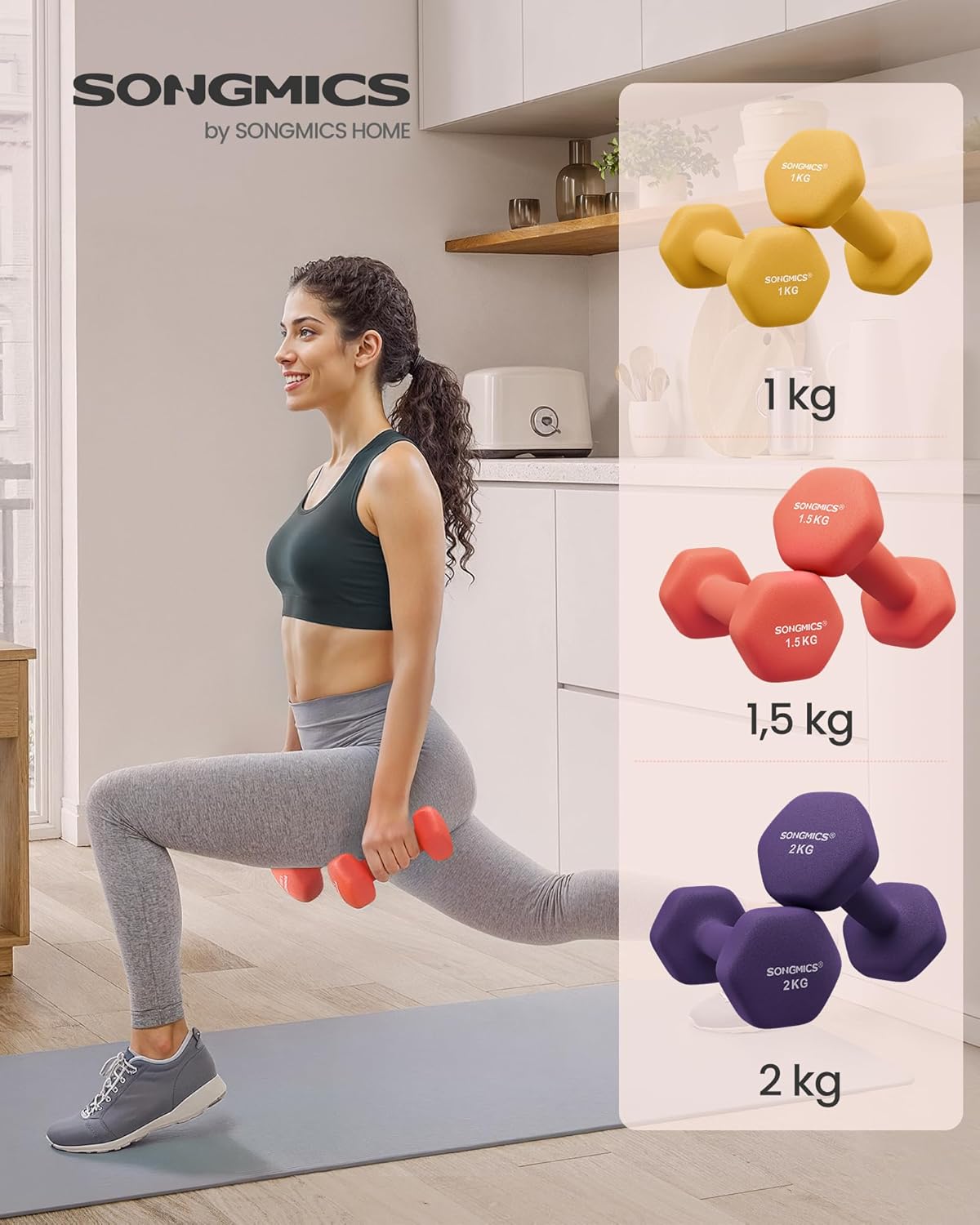 SONGMICS Hantel-Set, 3 Paar, 1kg-3kg, 9kg oder 12kg, Aufbewahrung, Fitnessstudio, Krafttraining, rutschfeste Neopren-Beschichtung – Bild 2