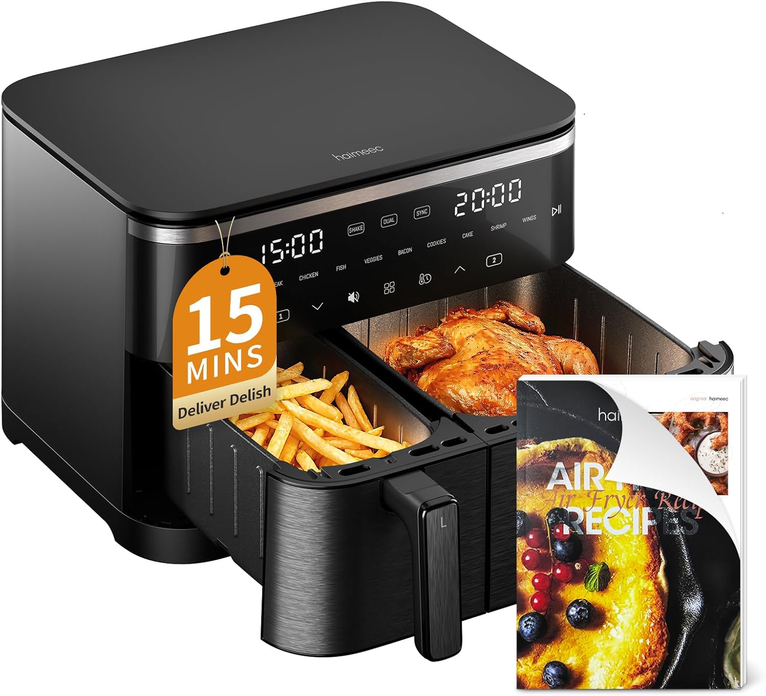 Digitaler Airfryer 11L, Heißluftfritteuse 2 Kammern mit Grillfunktion, 10-in-1, ölfreie Heißluftfritteuse mit Schüttelerinnerung