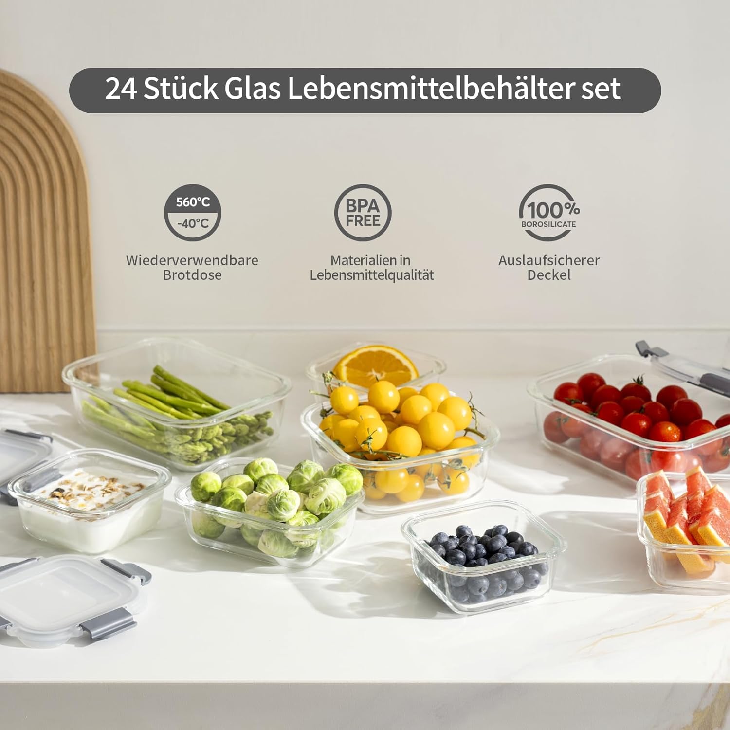 GENICOOK Set mit 24 Frischhaltedosen aus Glas mit Deckel – Vorratsgläser für Lebensmittel, Meal-Prep-Boxen, Vorratsbehälter, luftdichte Lebensmittelbehälter für die Küche – Bild 4