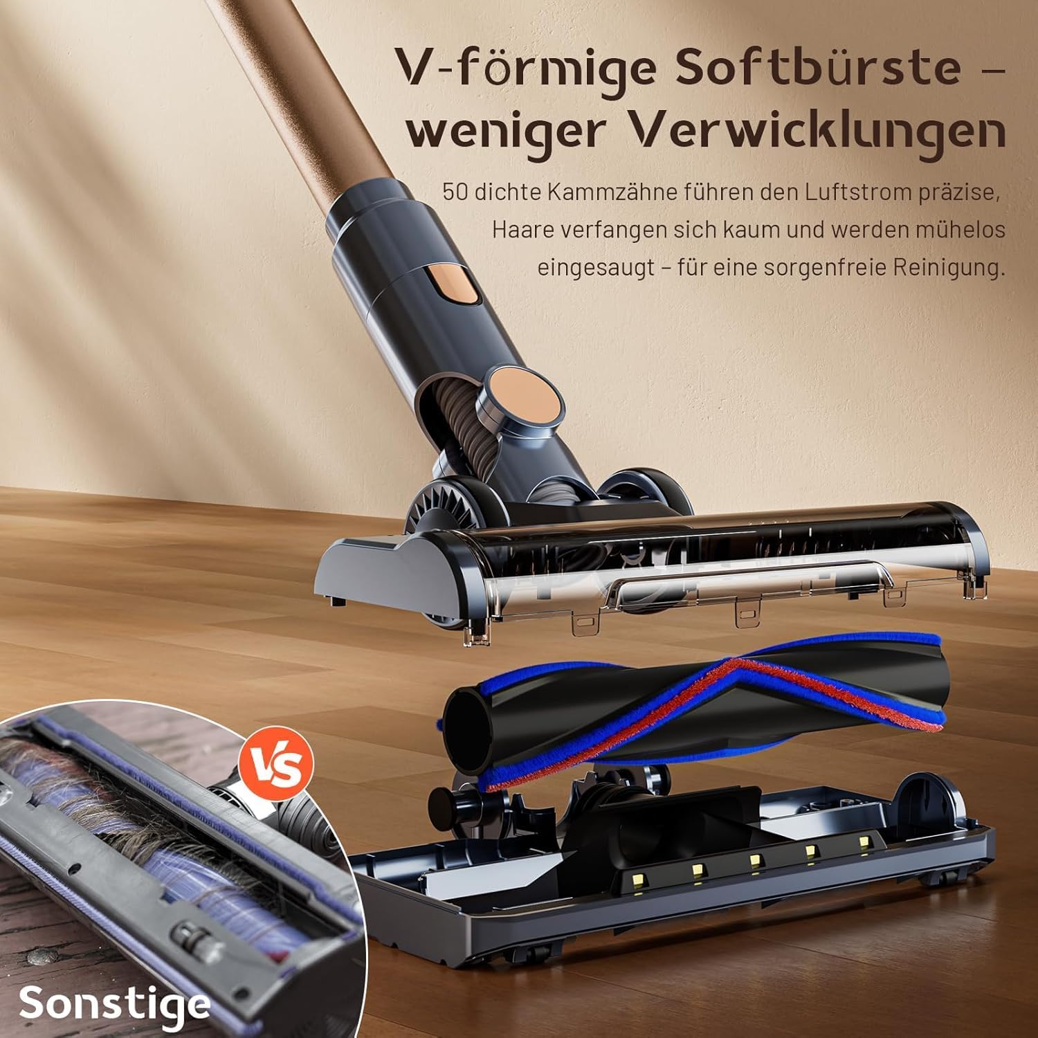 Akku-Staubsauger 45000Pa, 60 Min., nur 1,9 kg, 6-in-1-Staubsauger kabellos mit LED-Leuchten, Anti-Tangle-Bürste & Ladestation, 99,9 % Filterleistung für Tierhaare, Teppiche, Hartböden – Bild 4