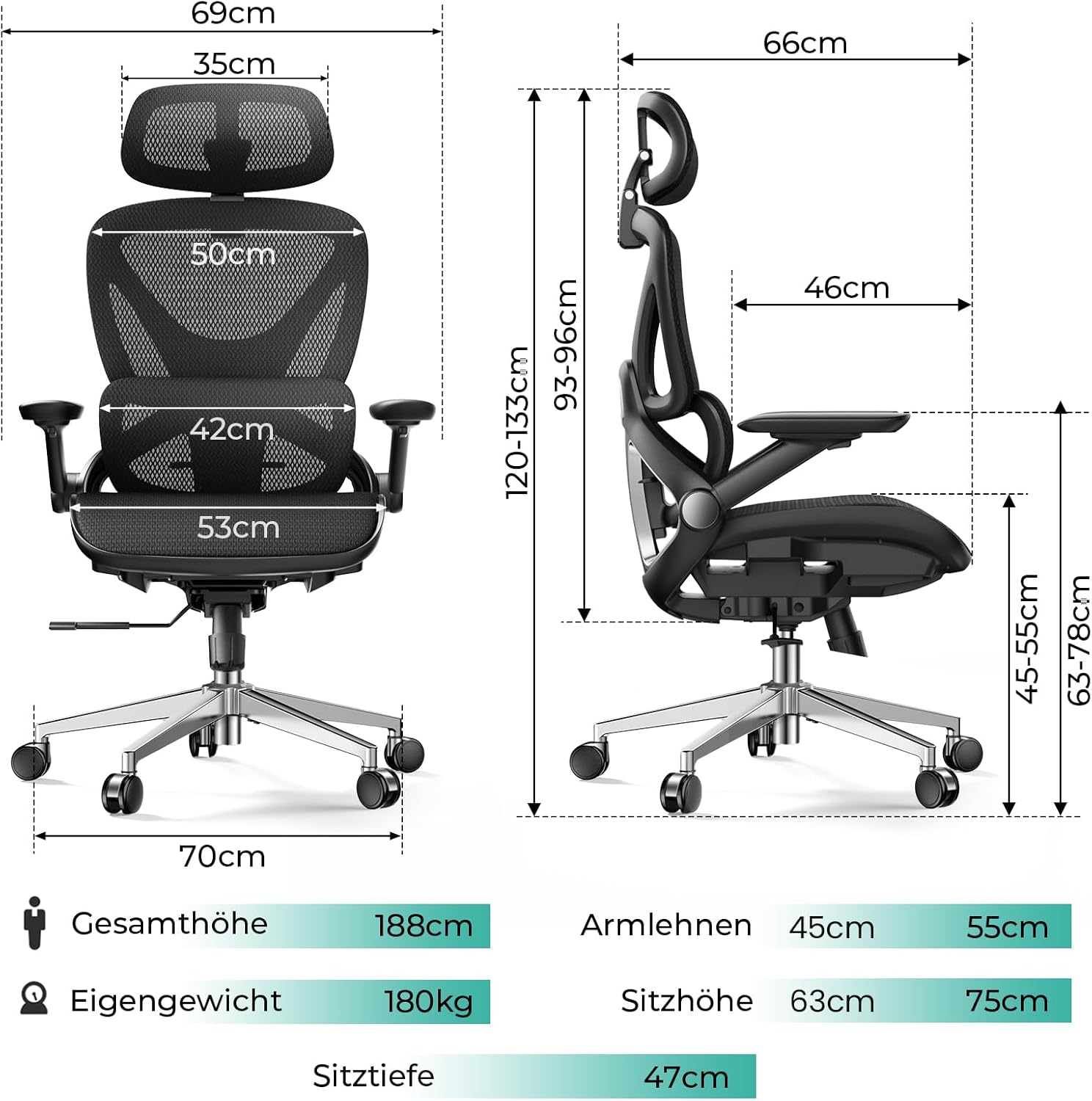 CAPOT Ergonomischer Bürostuhl aus Netzstoff, verstellbarer Schreibtischstuhl mit hoher Rückenlehne, 180 kg, 4D-Klapparme, 3-stufige neigbare Rückenlehne, 3D-Kopfstütze, PU-Räder, drehbarer Computerstuhl für – Bild 2
