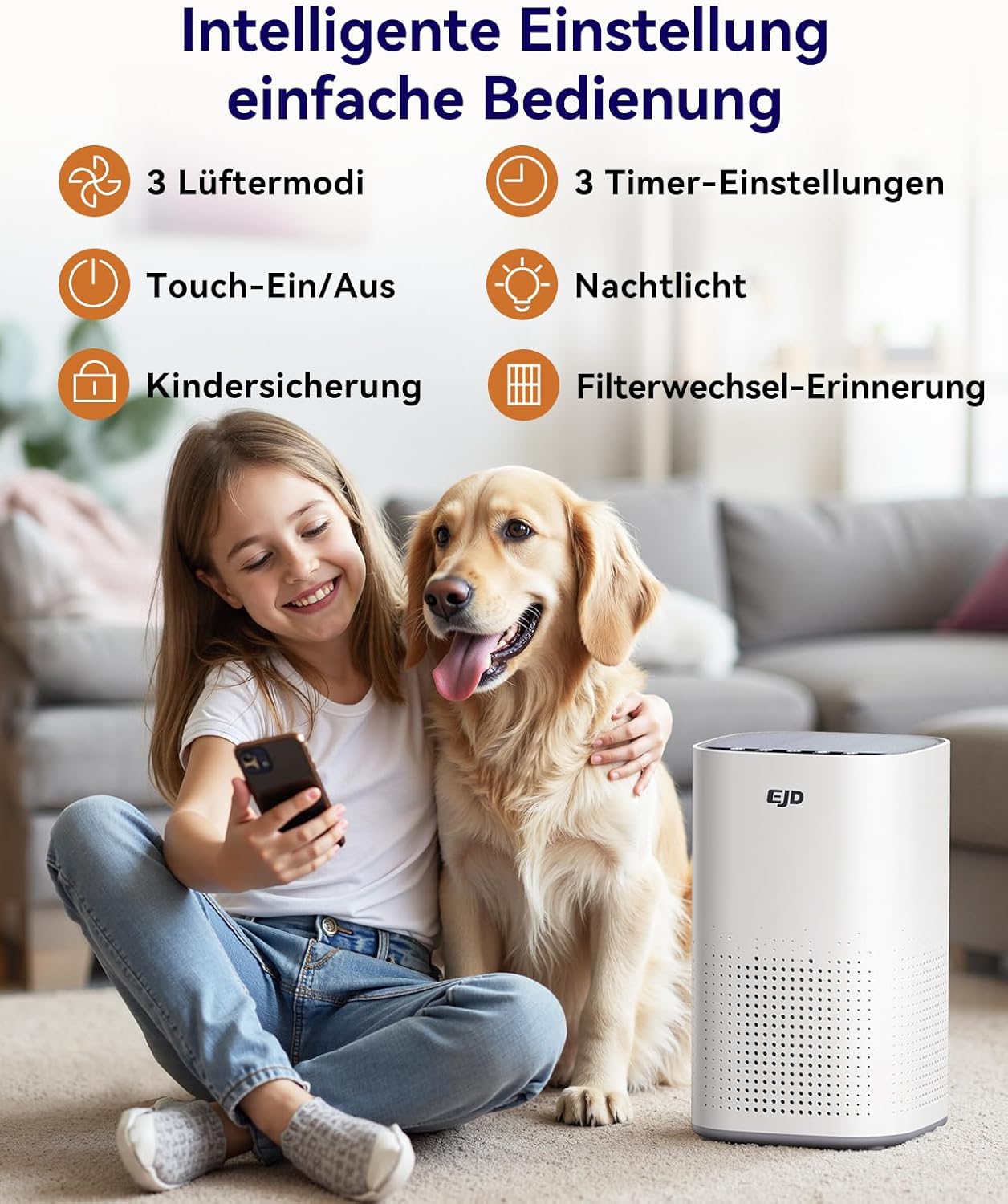 Luftreiniger für große Schlafzimmer bis 70 m² mit CADR 223 m³/h, leiser H13 HEPA-Luftreiniger mit 15 dB Schlafmodus, 3-in-1-Filter entfernt 99,97 % Pollen, Staub, Tierhaare, Gerüche (weiß) – Bild 3